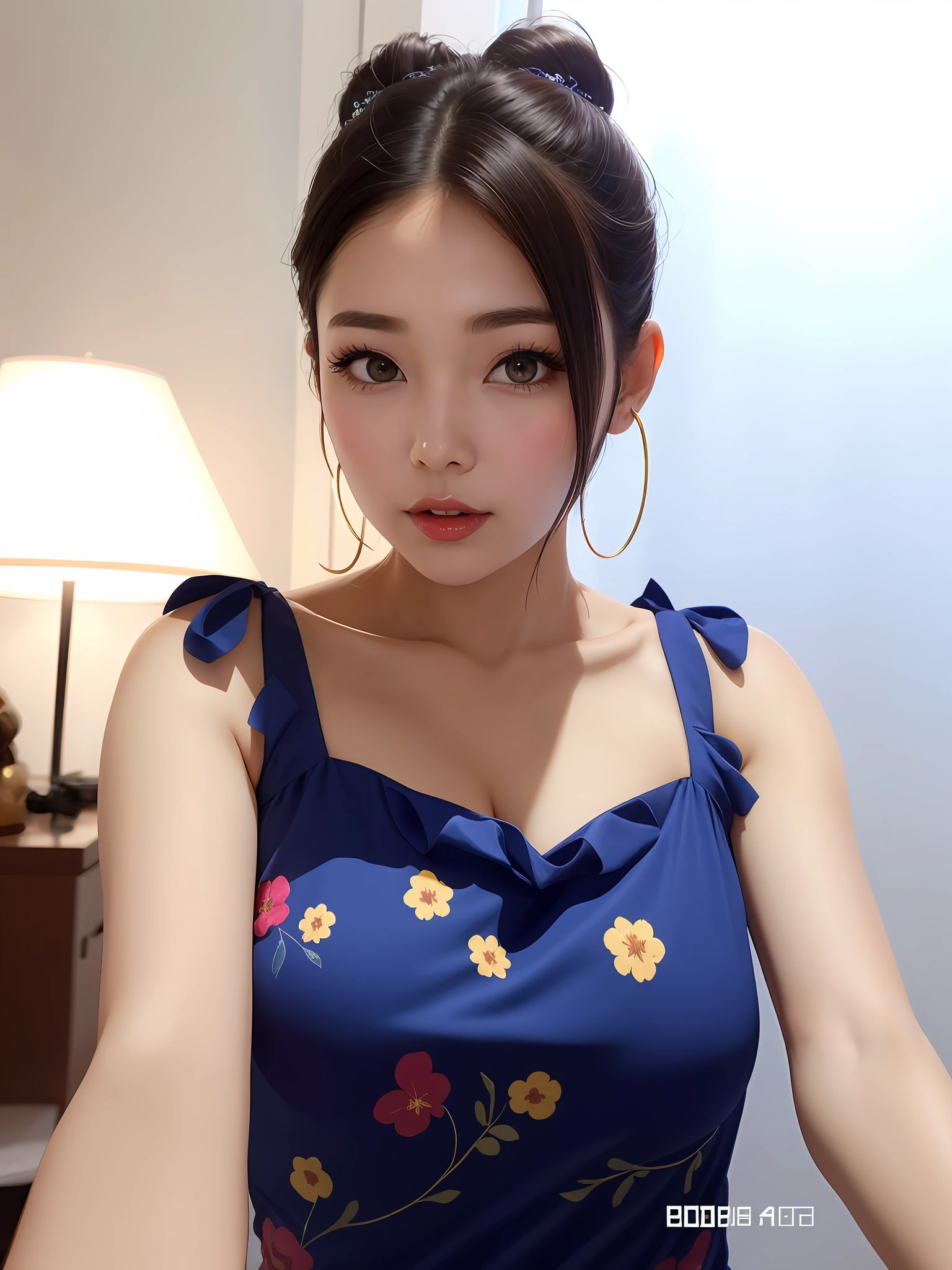 there is a woman that is posing for a picture in a blue dress, 2 7 years Old woman, wearing blue dress, 2 8  old,  anime thai girl, sie boob, with short hair, wearing floral chiton, attractive photo