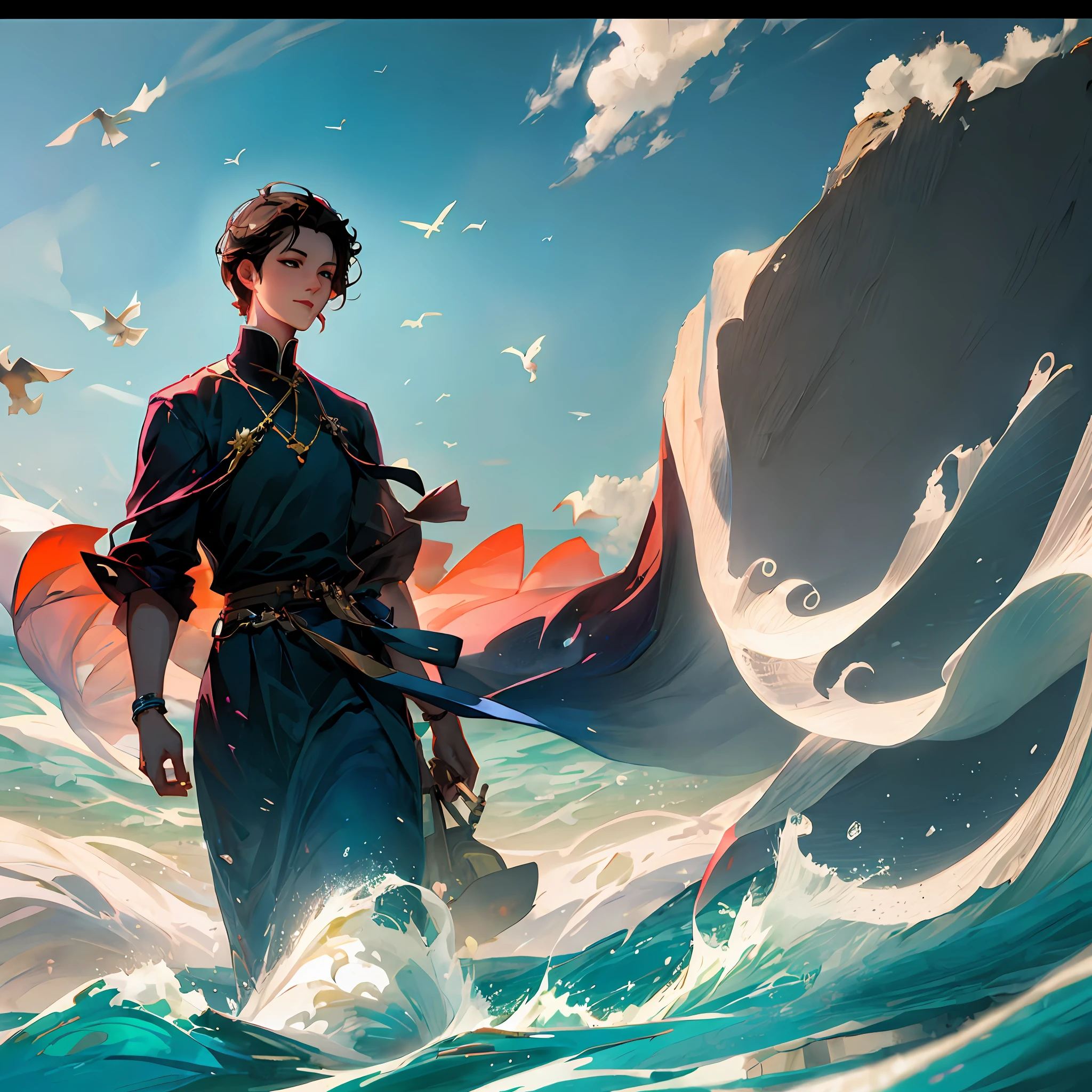 There was a boy standing in the water, Artgerm and Atey Ghailan, by Yang J, author:Ryan Yee, Epic fantasy digital art style, author:Chen Jiesheng, Makoto Shinkai Cyril Rolando, concept-art | RHADS, author:Jeremy Chang, cyril rolando and goro fujita, wlop and RHADS, author:Oliver Sheen