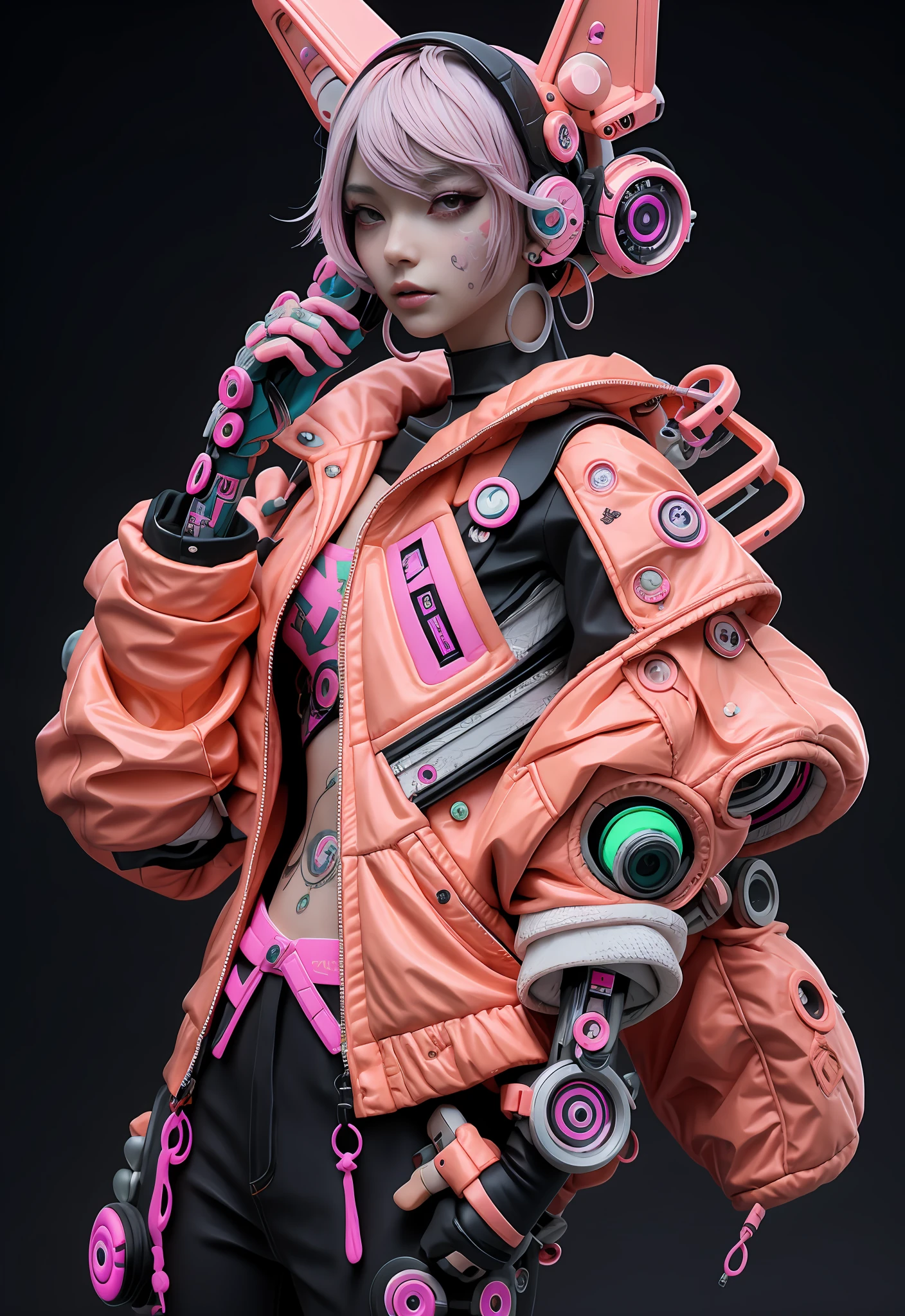 Una obra de arte con un personaje de anime femenino con cabello lila sentado en la parte superior de una pared. She is dressed in fashionable clothes, usar maquillaje intrincado y varios accesorios. This cyberpunk anime girl exudes a dreamy and beautiful cyberpunk aesthetic. The artwork shows a digital representation of a neonpunk cyborg, Combining elements of technology and beauty. El renderizado de alta calidad resalta el ambiente cyberpunk moderno. This work is inspired by Korean aesthetics and haute couture, creating a unique and captivating visual experience., Barbiecore 2025 , centrado, neon