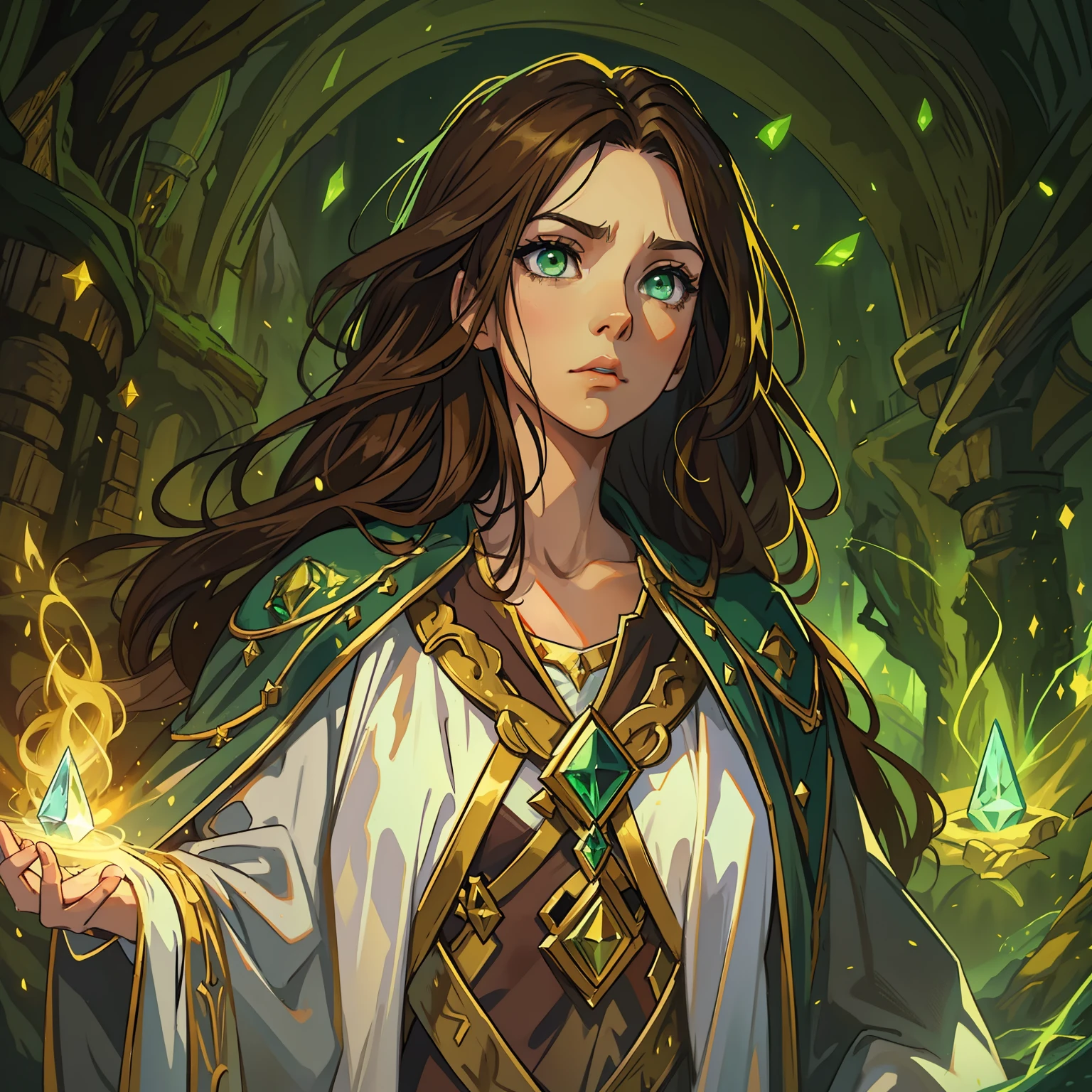 A beautiful woman with green eyes and brown hair she is a sorceress Magician wearing white and gold robes Noble robes A princess of magic and a sad look of dramatic concern Expressive Green Lights and Elemental Magic Elements of Nature Grandiozity A background full of magic that represents the natural elements An art for an RPG A medieval art for RPG