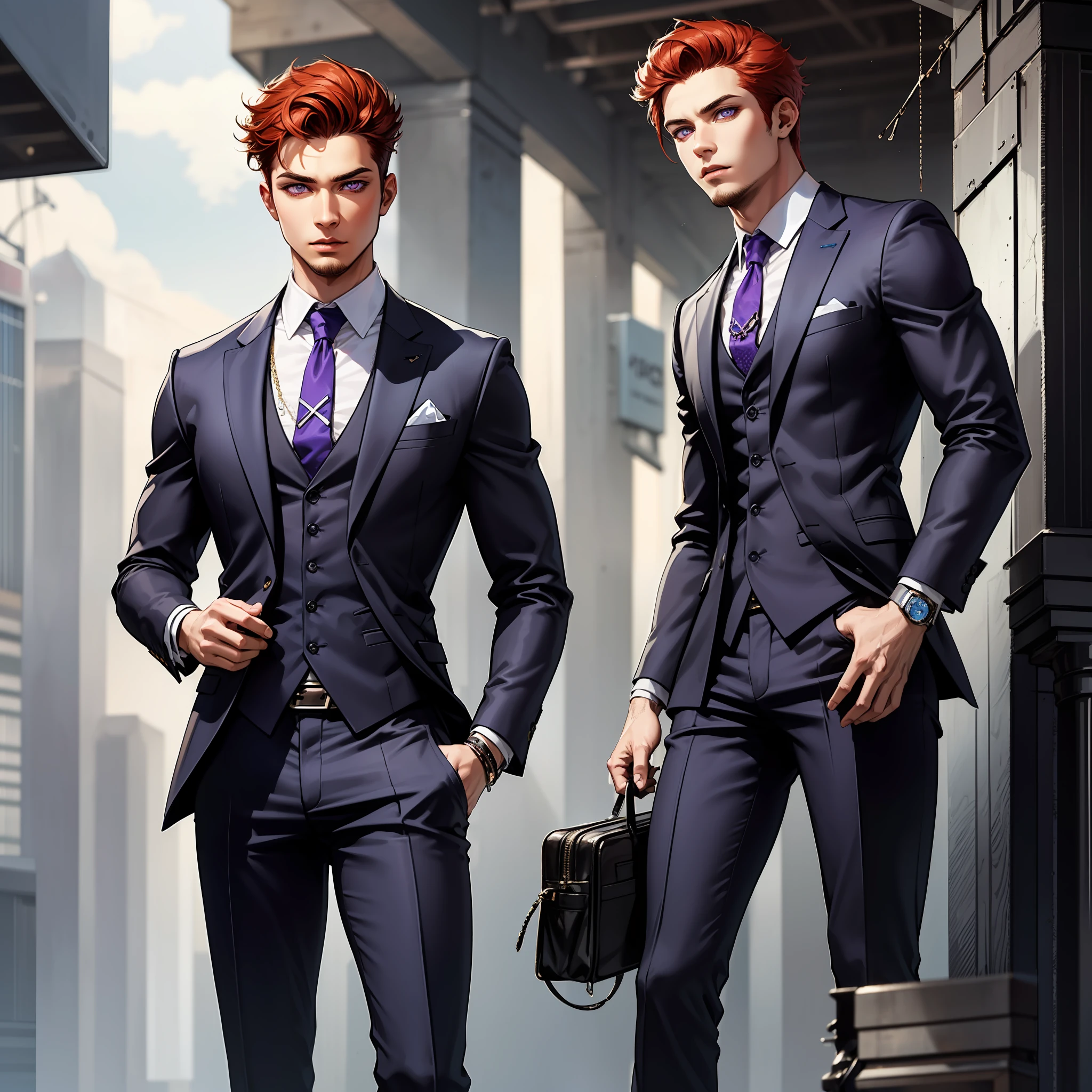 He is an alluring incubus with mesmerizing purple eyes outlined in a captivating blue hue. His fiery ginger hair adds a touch of boldness to his captivating appearance. He stands tall, exuding an irresistible charm. Wearing a suit