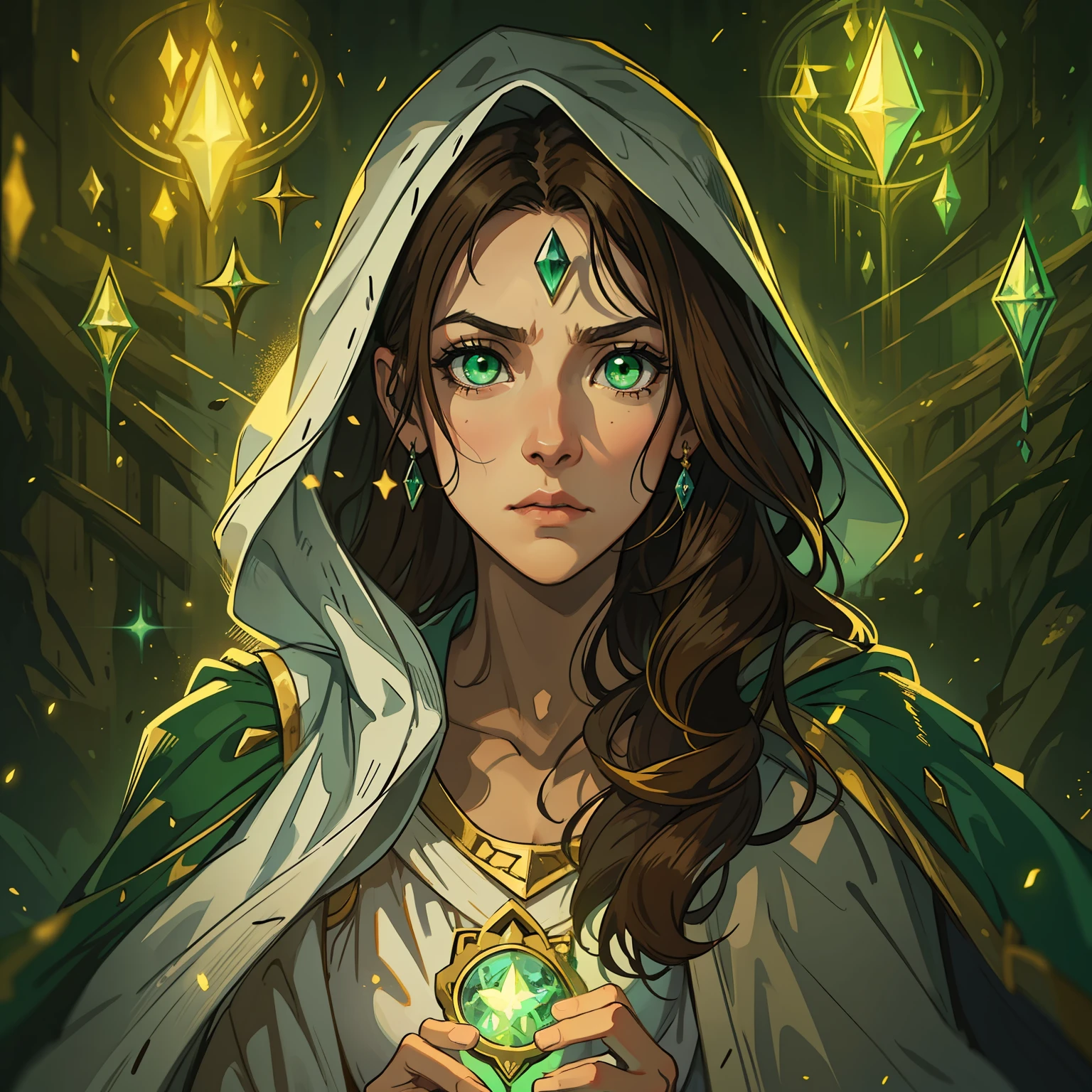 A beautiful woman with green eyes and brown hair she is a sorceress Magician wearing white and gold robes Noble robes A princess of magic and a sad look of dramatic concern Expressive Green Lights and Elemental Magic Elements of Nature Grandiozity A background full of magic that represents the natural elements An art for an RPG A medieval art for RPG