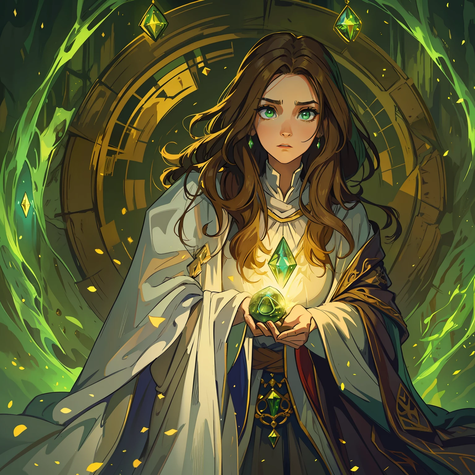 A beautiful woman with green eyes and brown hair she is a sorceress Magician wearing white and gold robes Noble robes A princess of magic and a sad look of dramatic concern Expressive Green Lights and Elemental Magic Elements of Nature Grandiozity A background full of magic that represents the natural elements An art for an RPG A medieval art for RPG