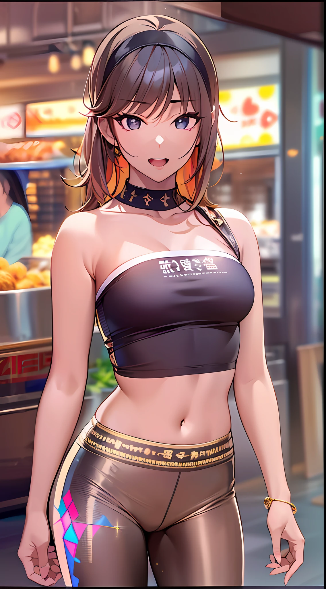 ((Masterpiece)), best quality, absurderes, ultra detailed, holographic, cowboy shot, dynamic pose, golden ratio, super cute girl, mature girl, extremely beautiful, super beautiful asian girl with super beautiful brown shiny eyes, super petite and sexy body, super beautiful legs, super beautiful brown multicolored short hair, high ponytail, shiny and super beautiful skin, nice and sexy body, slim and delicate body, perfect body, wearing a super tight black short sleeve crop top, bare shoulders, super tight translucid black leggings, hot panties, fox hairband, being photographed in a popular kawaii food court