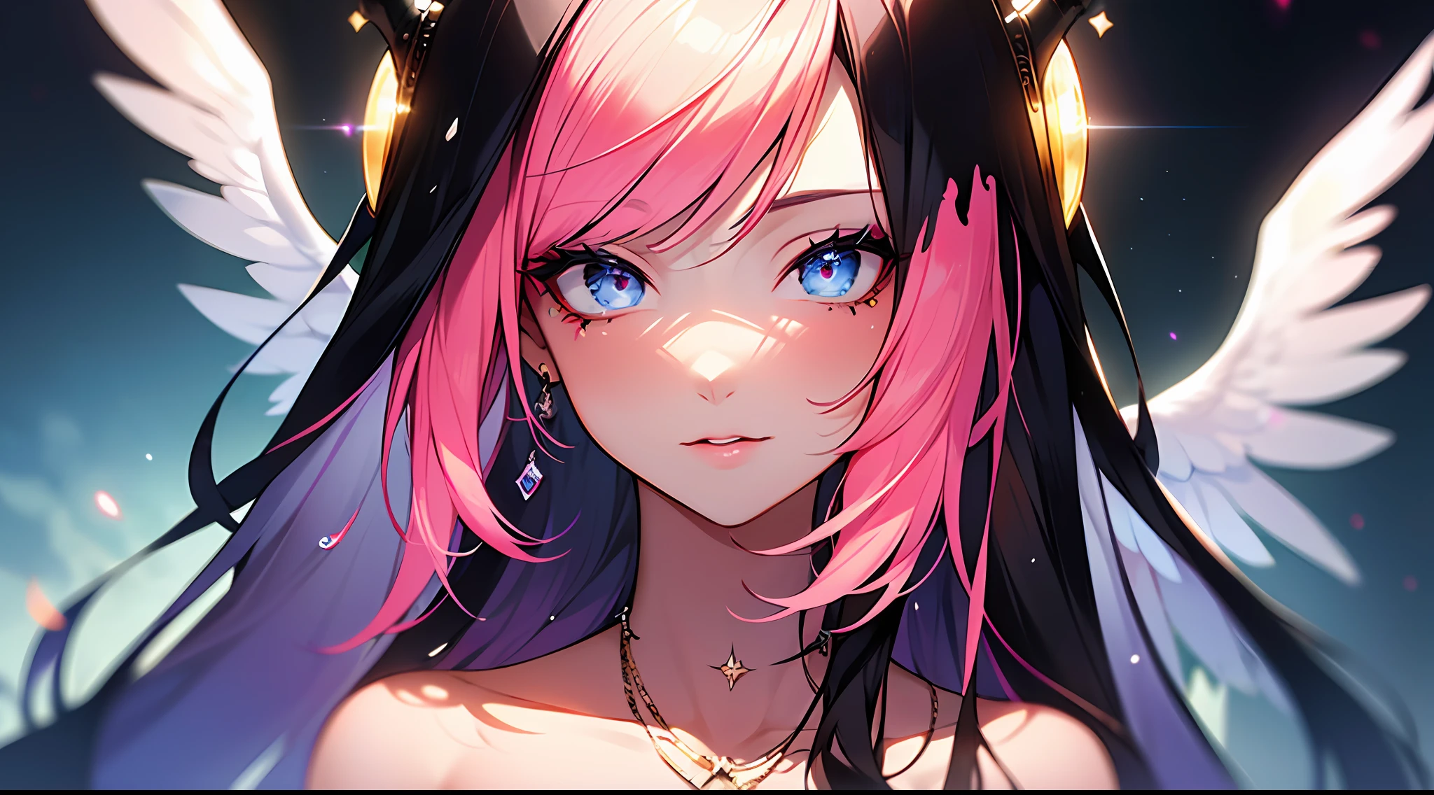 (Masterpiece:1.2), best quality, (illustration:1.2), (ultra-detailed),Eye focus,(Masterfully crafted Glow, pink lens flare), (Cinematic background), hyper details, (delicate detailed), (intricate details),in the air, octane render, hdr, (hyperdetailed:1.15), (soft light:1.2), 1girl, beautiful girl, ultra detailed eyes, mature, plump, thick, rainbow painting drops, paint teardrops, woman made up from paint, entirely paint, splat, splash, outdoors, (bioluminescent hair:1.1),(glowing eyes), ((makeup)),(Cinematic masterpiece), fierce, powerful, splashes of colour absolutely eye-catching, (Cinematic headlight), light coming from above, growing shadows, ((caustic)), dynamic angle, beautiful detailed glow, ambient occlusion, ambient light, raytraced reflections,(best illumination, an extremely delicate and beautiful), ((cinematic light)), (soft:2), (Nephilim:1.2), (halo), demon horns,(1 angel wing),1 demon wing, wings on back, half demon, demon ears, black wings, raven wings, (falling raven feathers), black hair, grey eyes, (red hair glow), (radiant aura),