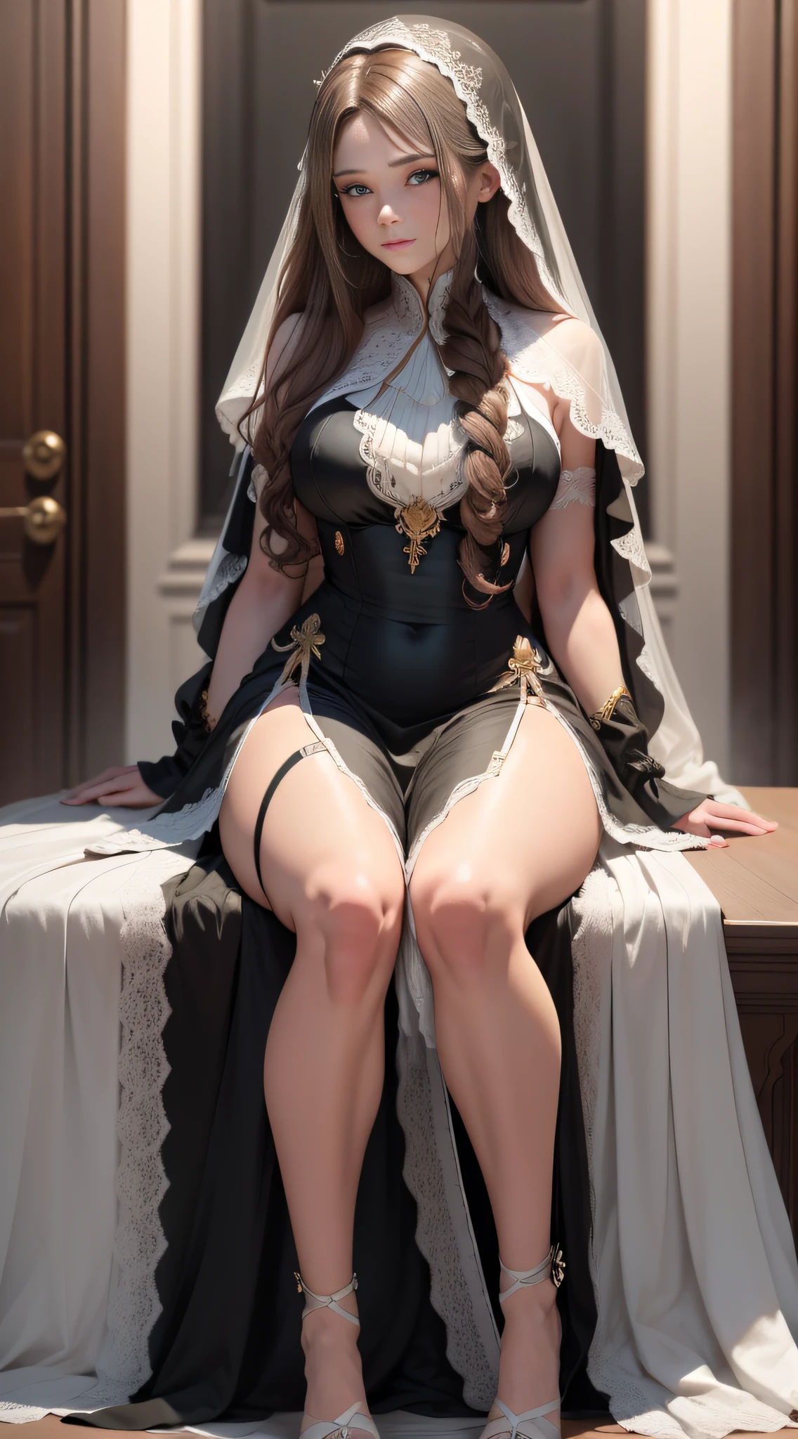 Madam, Beautuful Women, Anterior convex and posterior, plumw, long whitr hair, extremely beautiful, Closed moon shy flowers sink fish falling geese, Lewdness, gentleness, orthofacial, Suspenders, Black silk veil, Sit on your knees, curtained hair, light brown hair, highres, high quality, ccurate, masterpiece, best quality, award winning, super detail, UHD, anatomically correct