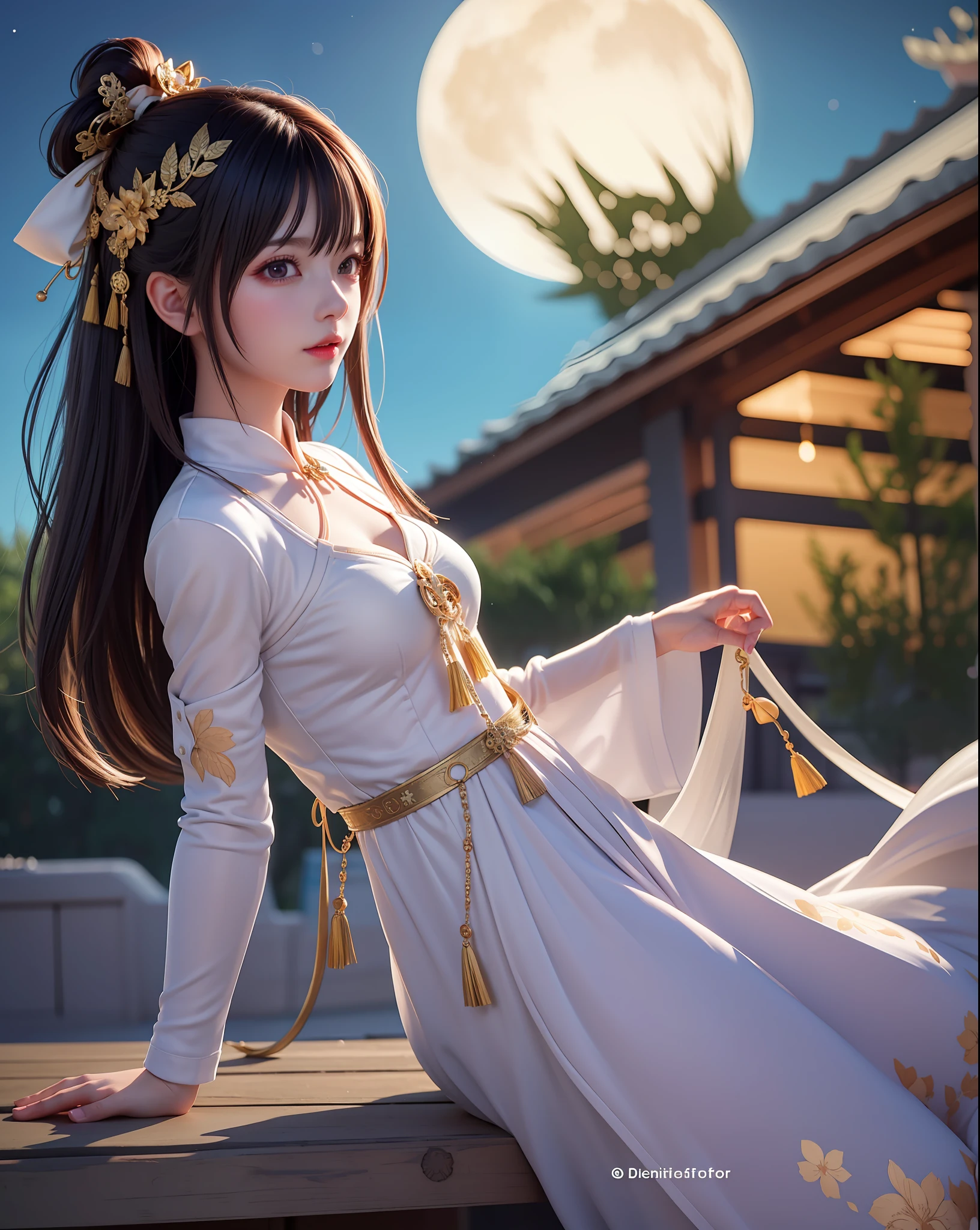 (8k, RAW photo:1.2), best quality, ultra high res,dramatic angle,(fluttered detailed color splashs), (illustration),(((1 girl))),(long hair),(rain:0.9), (头饰:1.4),少女身边有一座古宫,汉服,(重点),彩色水墨画,(泼彩),泼彩,(((colorful))),(素描:0.8) , Masterpiece, best quality, beautiful painted, highly detailed,(denoising:0.6),[splash ink],((ink refraction)), (beautiful detailed sky),moon,highly,detaild,(masterpiece, best quality, extremely detailed） CG unity 8k壁纸，杰作，最好的质量，超详细），（石蒜），