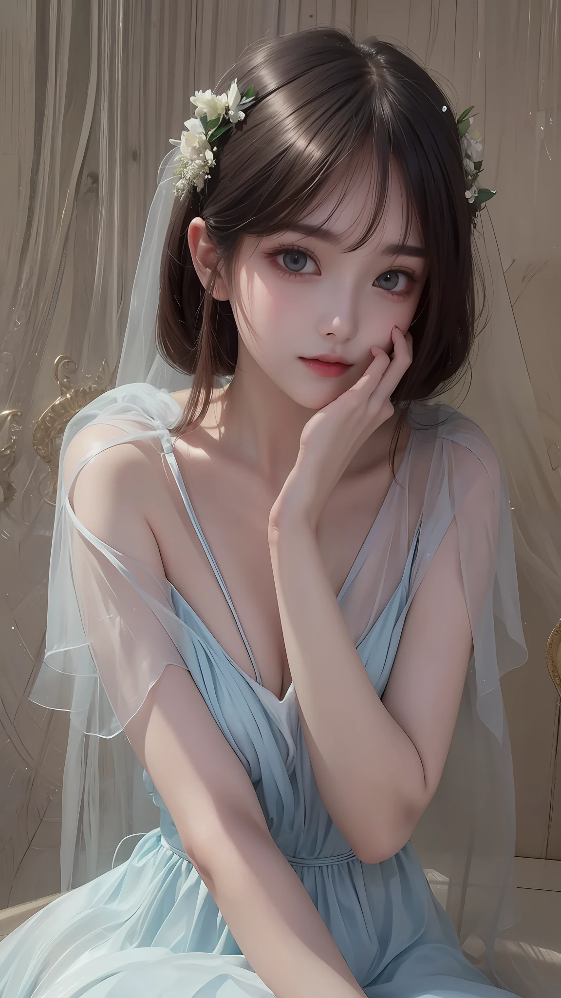 8K ultra hd, Masterpiece, beautiful cute girl, cute face, detailed eyes, medium breathe, blue dress, fantacy dress, sitting, upper body capture, dim light, cool background,