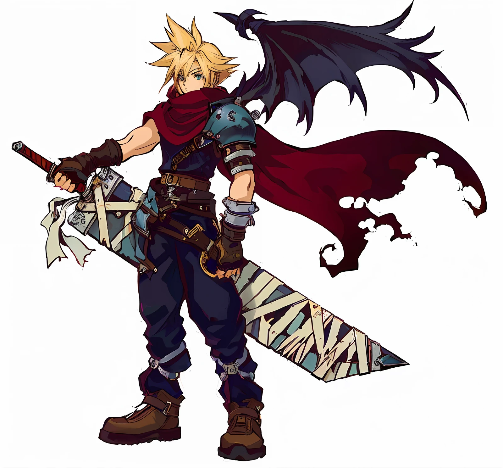 a close-up of a cartoon character holding a sword and sword, Style artistique de Dark Cloud 2, Conflit dans les nuages, Personnage de Final Fantasy, from final fantasy vii, from ff7, Portrait de Cloud Strife, de Final Fantasy, Style Final Fantasy, ff 7, Chrono Trigger Guilty Gear Style, final fantasy artwork concept, Personnage de Final Fantasy Tactics, Final Fantasy 7