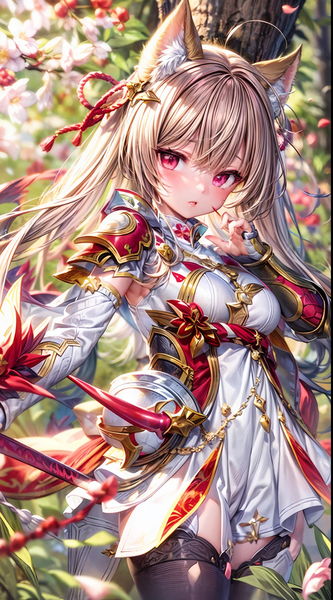 masterpiece, fantasy, best quality, anime style, wide-angle, full-body shot, front view, Tera Elin, an anime girl in a red dress and red boots, Sakura Kinomoto, Sakura petals around her, kitsune-inspired armor, crimson-themed, white, and red armor, spellcasting pose, fantasy outfit, yellow/golden short hair color, white tights, green glowing eyes, Sakura season, dynamic lighting, highly detailed anime, Anime Style, Manga Style, Hand drawn, cinematic, sensual, Sharp focus, humorous illustration, concept art, Vivid colors, Intricate, Vibrant colors, Soft Shading, Sharp Angles, Playful