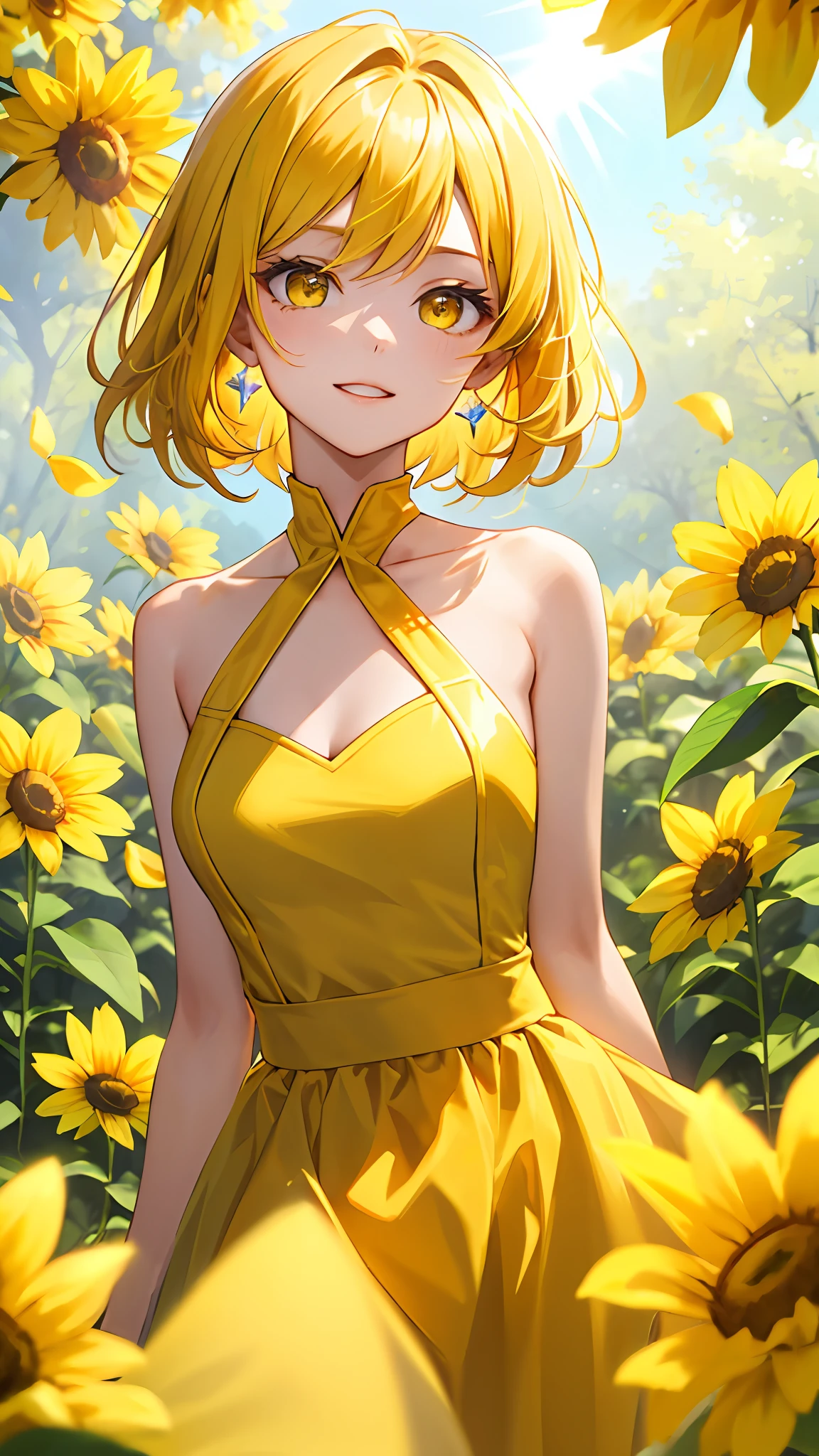 (tmasterpiece,best qualtiy:1.2),(looking at viewert),Nice face,Yellow theme,cowboy lens,rays of sunshine,Yellow hair,yellow eyes,Yellow jewelry,nedium ,Yellow flower background,Hairstyle Random