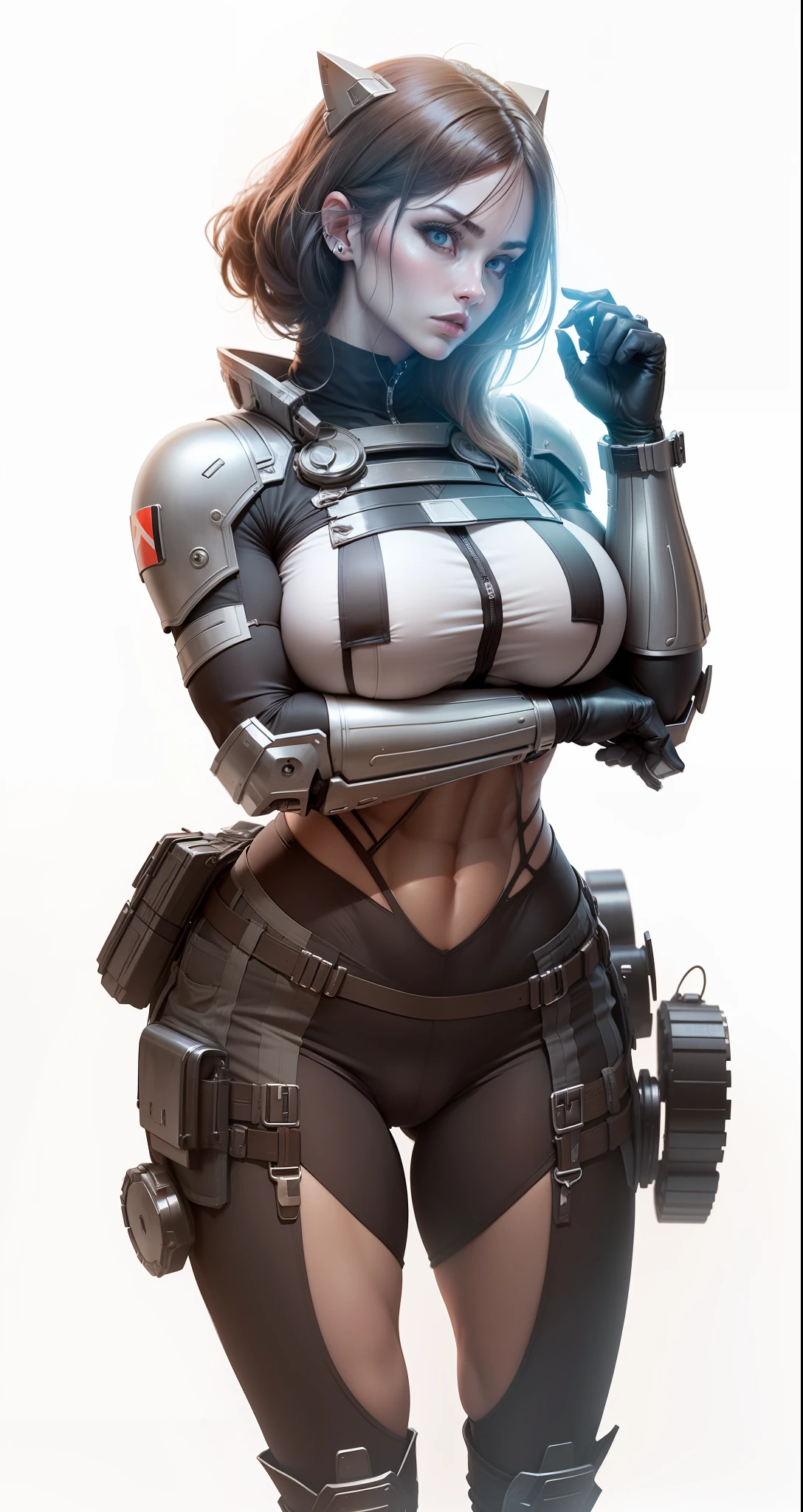 Female supersoldier, huge breasts, huge butt, sexy hips, strong body, strong biceps, strong abs, bodybuilder female, hypermuscular, highy tech armor, futuristic