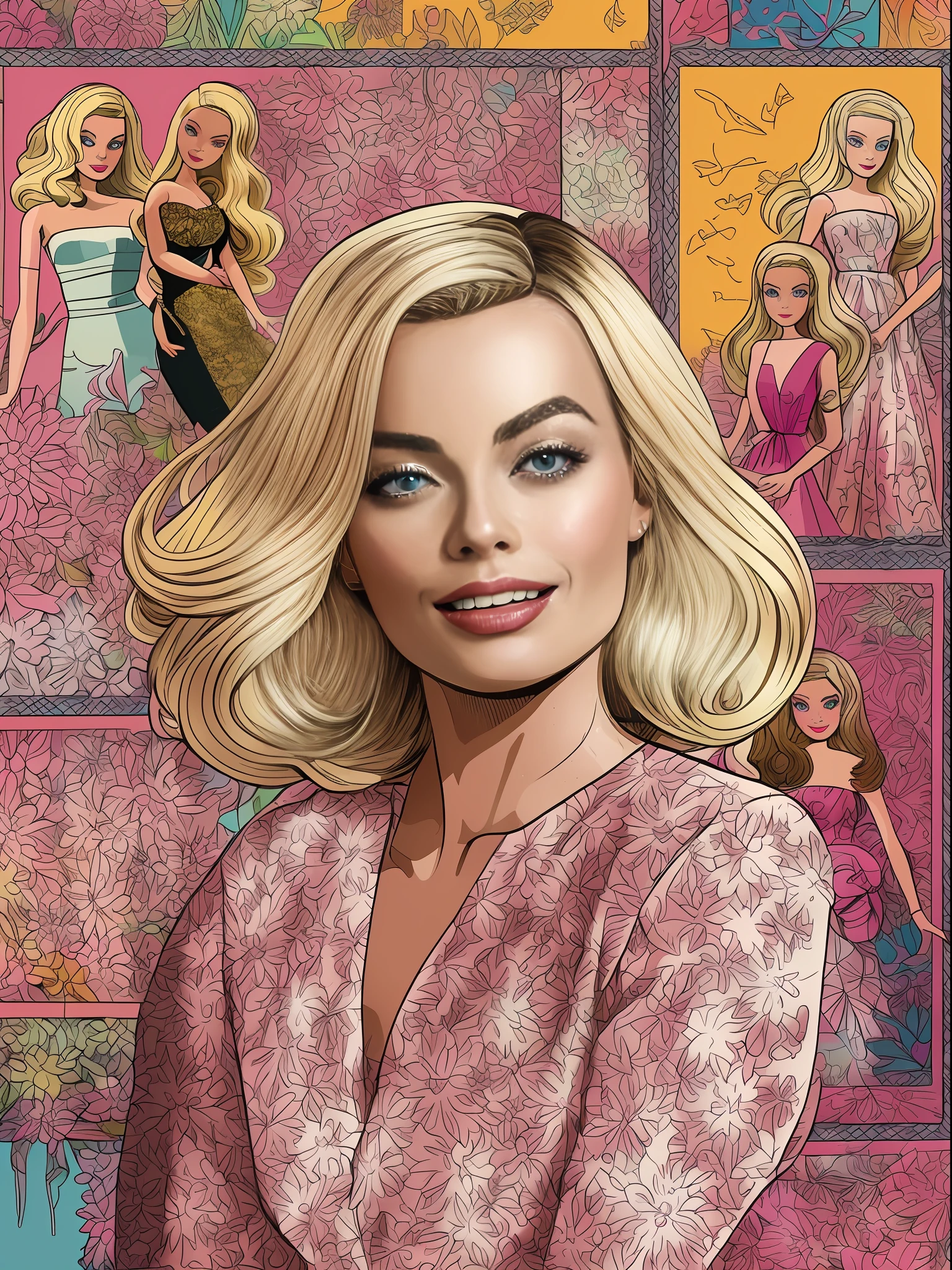 Beautiful children's book illustration of ((Margot Robbie as Barbie doll)), delicate and beautiful, graphic design. digital art. comic pop art style.