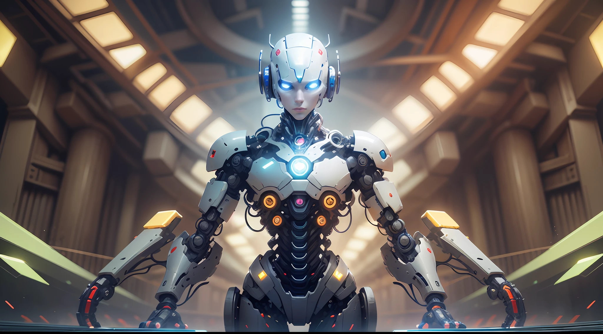 A stunning illustration of a futuristic robot representing artificial intelligence. The robot has an anthropomorphic appearance, with a slender body of shiny silver metal and a rounded head with blue eyes that glow. He's standing with his arms raised in an inspiring gesture. Ao fundo, there are gears turning, Computer chips and green digital codes on the move. The focus is entirely on the robot. Image conveys intelligence, awareness and hope for the future of AI. The illustration is aesthetically pleasing, com cores vibrantes em um estilo futurista. It would be a flashy and inspiring video cover for content on the topic of artificial intelligence. --auto --s2