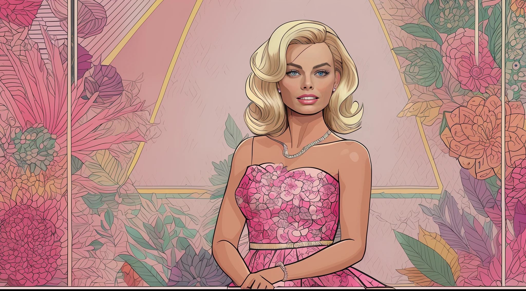 Beautiful children's book illustration of ((Margot Robbie as Barbie doll)), delicate and beautiful, graphic design. digital art. comic pop art style.