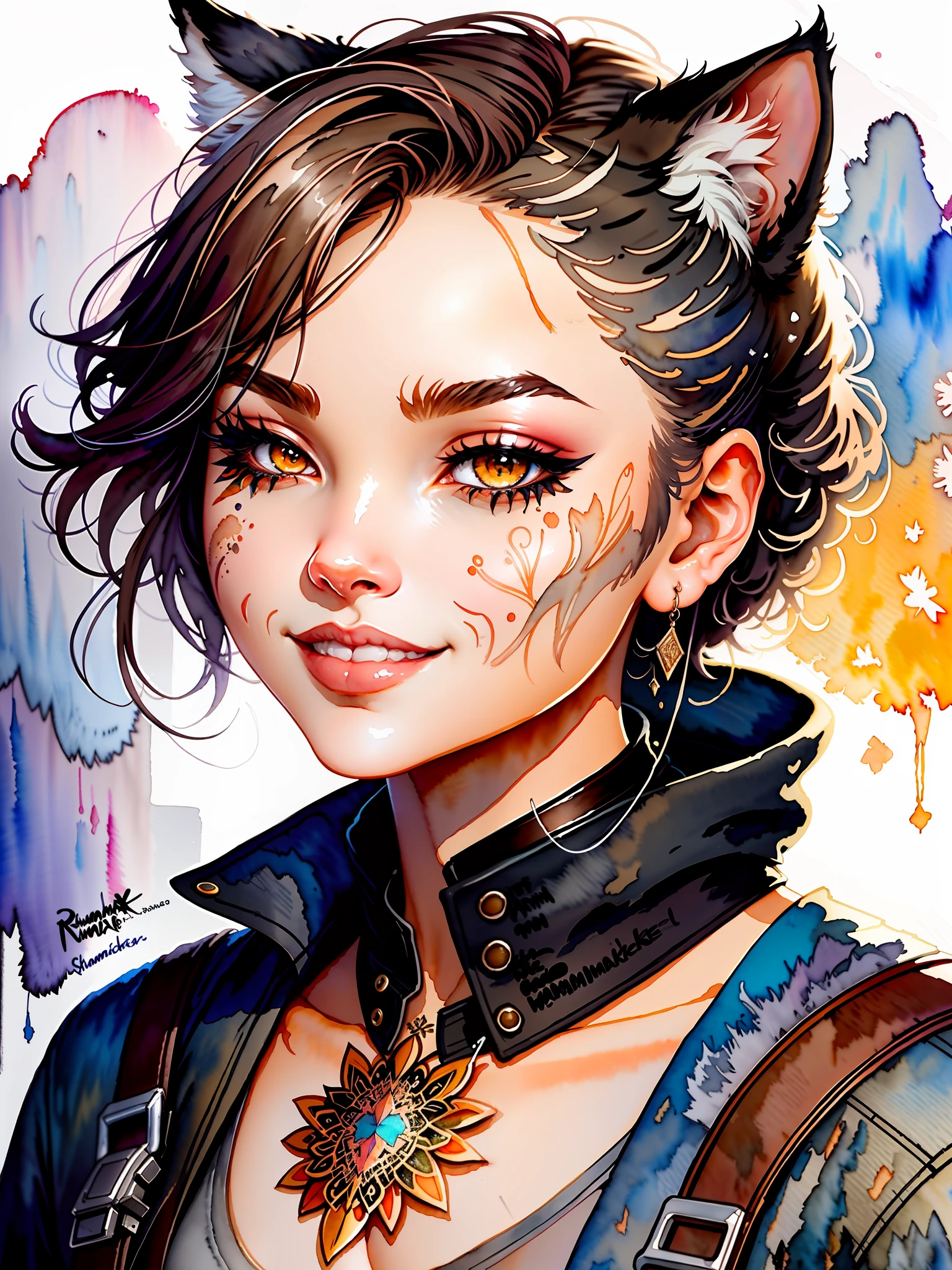 wtrcolor style, digital art of (Humanoid Cat character), official art, front, smile, masterpiece, cute, ((watercolor)), face painting, ink splash, intricate details. Very detailed eyes, [drip:0.5], trend in Artstation, Rachel Walker
