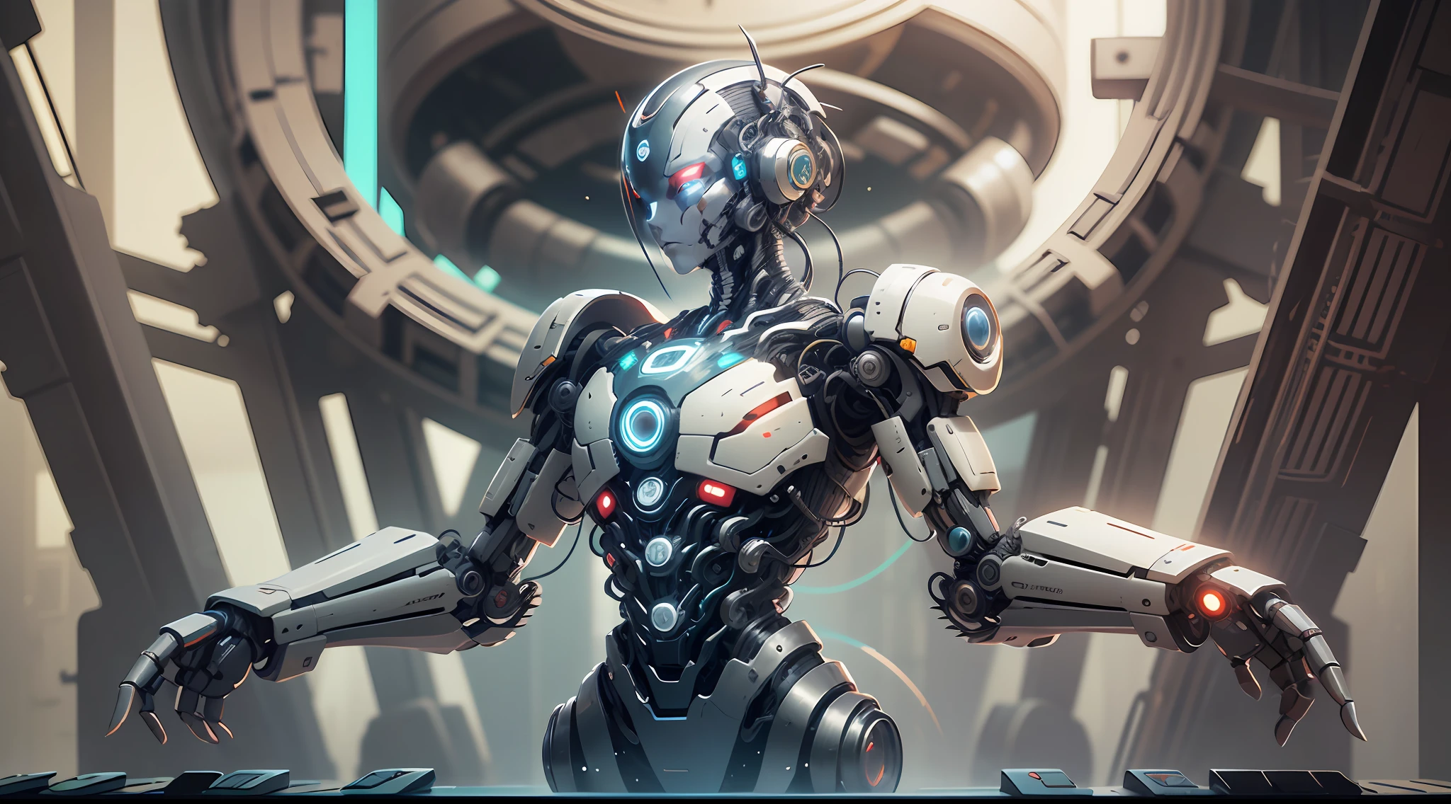 A stunning illustration of a futuristic robot representing artificial intelligence. The robot has an anthropomorphic appearance, with a slender body of shiny silver metal and a rounded head with blue eyes that glow. He's standing with his arms raised in an inspiring gesture. Ao fundo, there are gears turning, Computer chips and green digital codes on the move. The focus is entirely on the robot. Image conveys intelligence, awareness and hope for the future of AI. The illustration is aesthetically pleasing, com cores vibrantes em um estilo futurista. It would be a flashy and inspiring video cover for content on the topic of artificial intelligence. --auto --s2