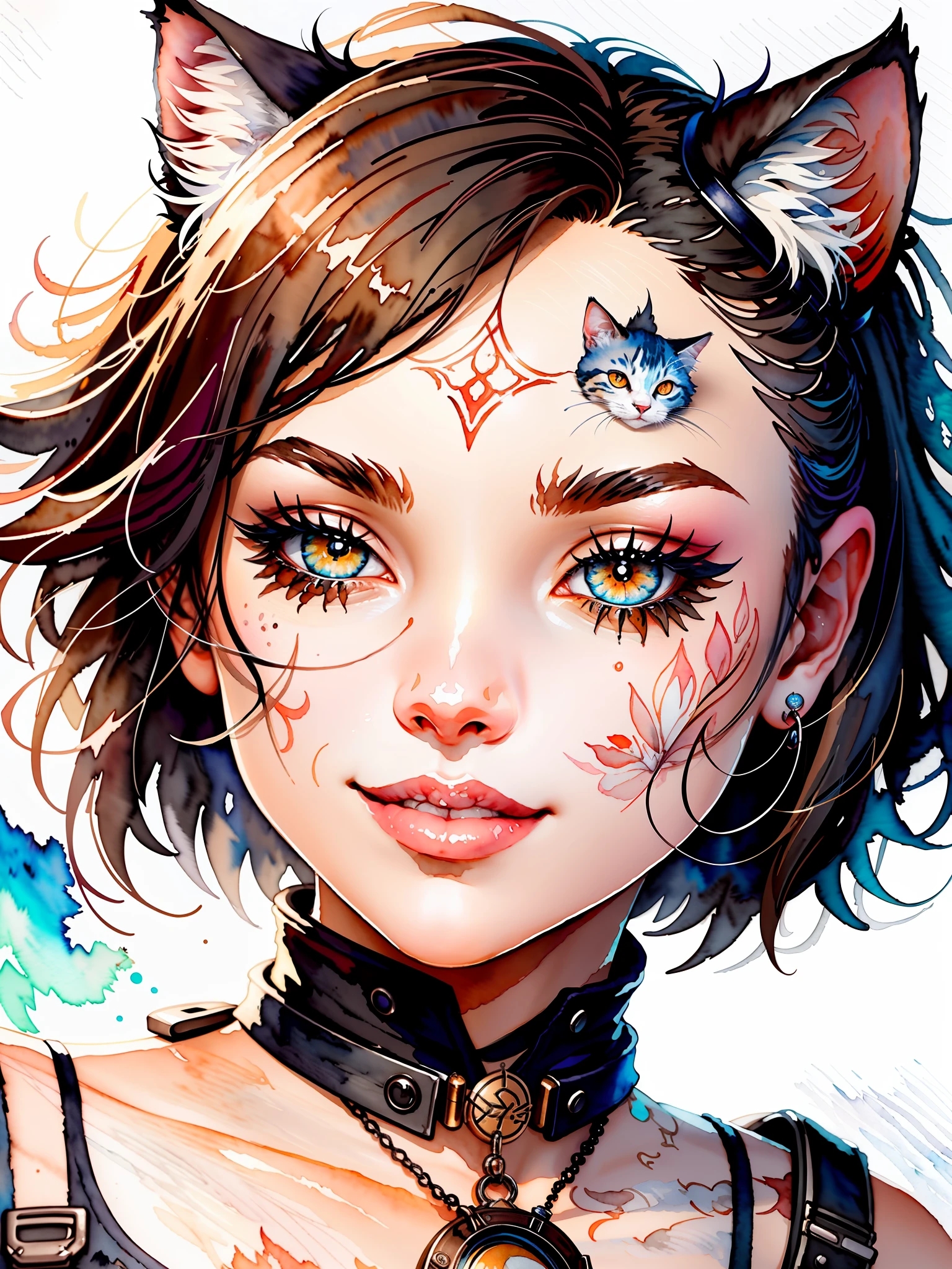 wtrcolor style, digital art of (Humanoid Cat character), official art, front, smile, masterpiece, cute, ((watercolor)), face painting, ink splash, intricate details. Very detailed eyes, [drip:0.5], trend in Artstation, Rachel Walker