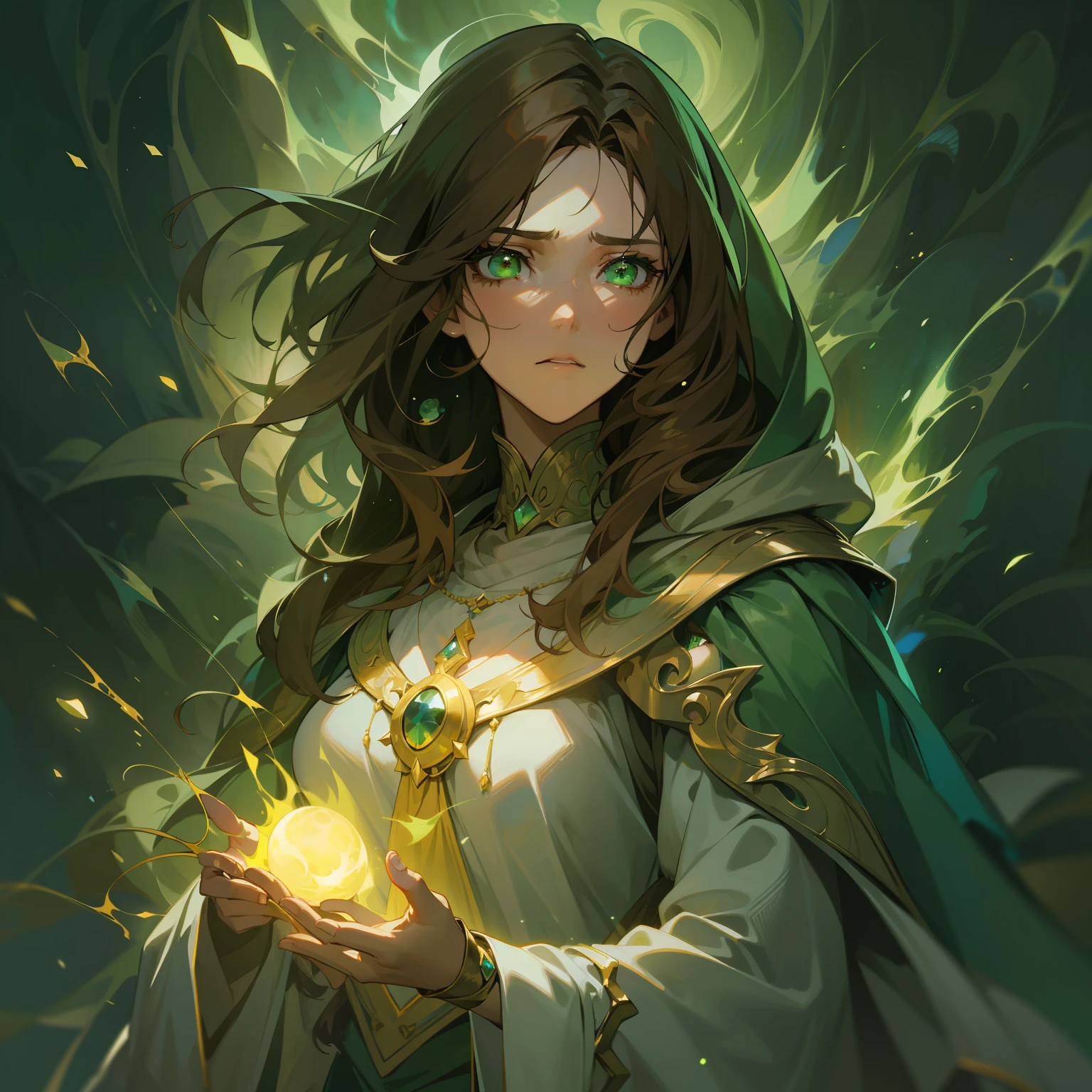 A beautiful woman with green eyes and brown hair she is a sorceress Magician wearing white and gold robes Noble robes A princess of magic and a sad look of dramatic concern Expressive Green Lights and Elemental Magic Elements of Nature Grandiozity A background full of magic that represents the natural elements An art for an RPG A medieval art for RPG