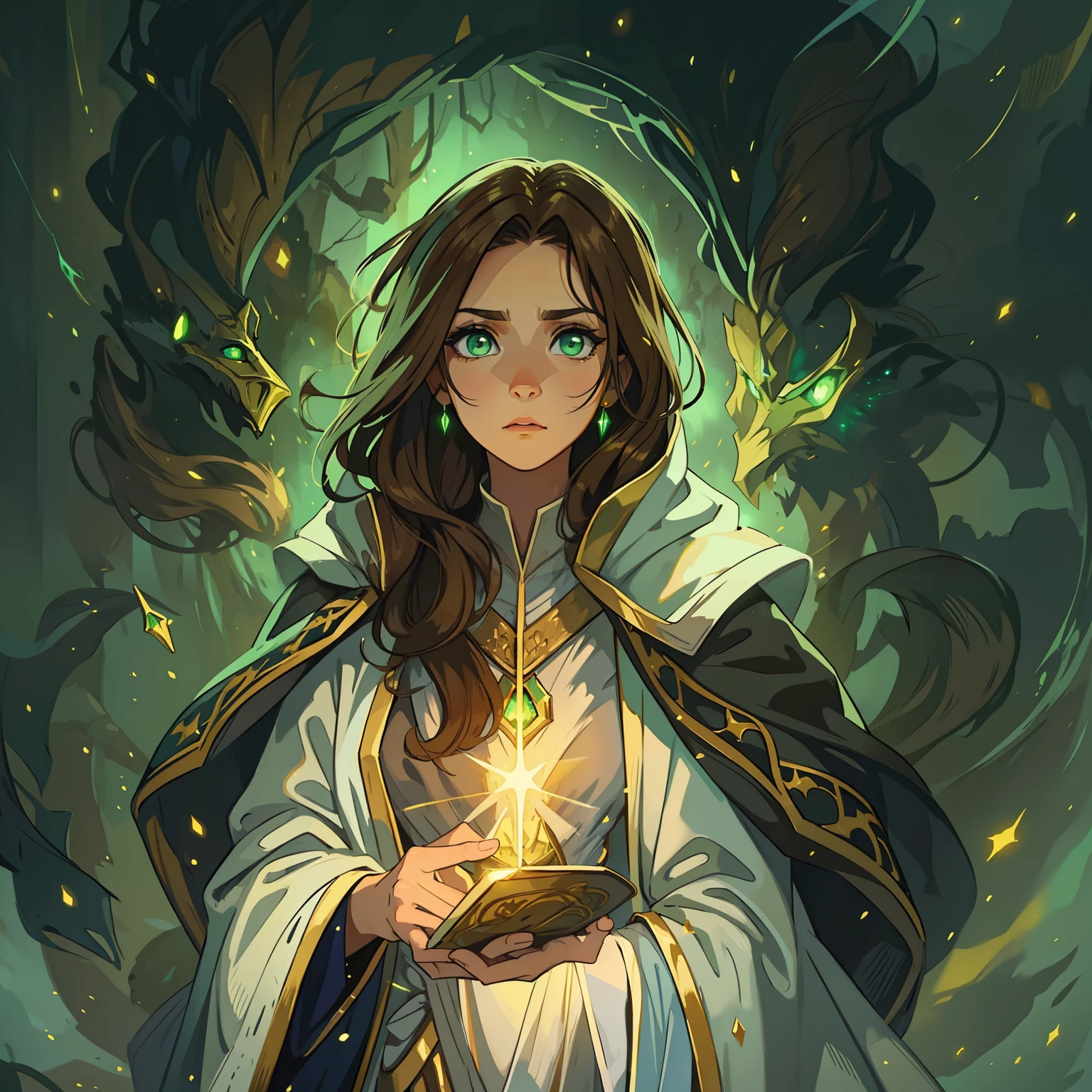 A beautiful woman with green eyes and brown hair she is a sorceress Magician wearing white and gold robes Noble robes A princess of magic and a sad look of dramatic concern Expressive Green Lights and Elemental Magic Elements of Nature Grandeur A background full of magic that represents the natural elements An art for an RPG A Medieval Art for RPG
