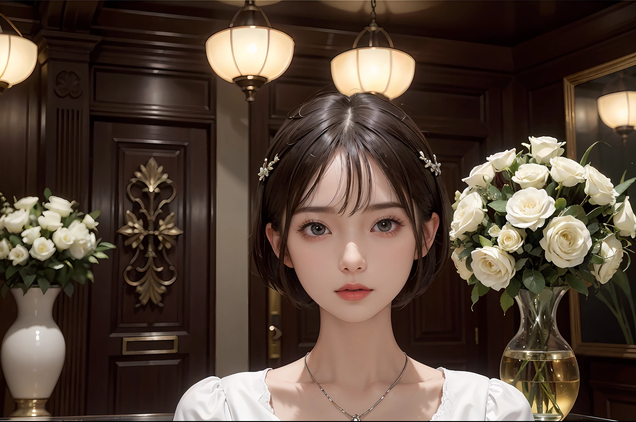 masterpiece, 1 beautiful girls, (((very_short_hair))), Eye details, Swollen eyes, Top image quality, 超A high resolution, (Realistis: 1.4), OriginalPhotographs, 1Girl, Cinematographic lighting, japanes, Asian Beauty, Korean, very beautif, Beautiful skins, thin, (A hyper-realistic), (hight resolution), (8 K), (ighly detailed), (The best illustrations), (beautifully detailed eyes), (ultra-detailliert), A detailed face, see the beholder, Facing straight ahead, Neat Clothing, shorth hair、A dark-haired、46-point diagonal bangs、Interior background of luxury hotel、flower arrangement、vases、Neat and clean