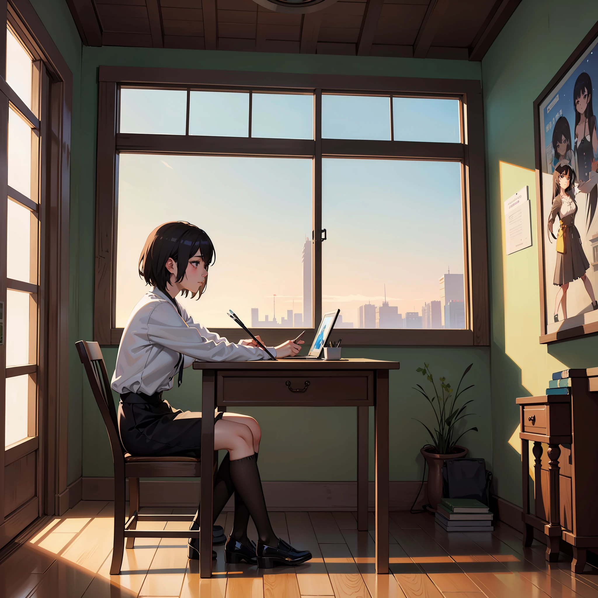 anime girl sitting at a desk writing in front of a window, realistic cute girl painting, makoto shinkai cyril rolando, makoto shinkai. digital render, lofi portrait at a window, japanese anime artist drawn, realistic anime artstyle, painted in anime painter studio, a beautiful artwork illustration, dreamy illustration, makoto shinkai art style