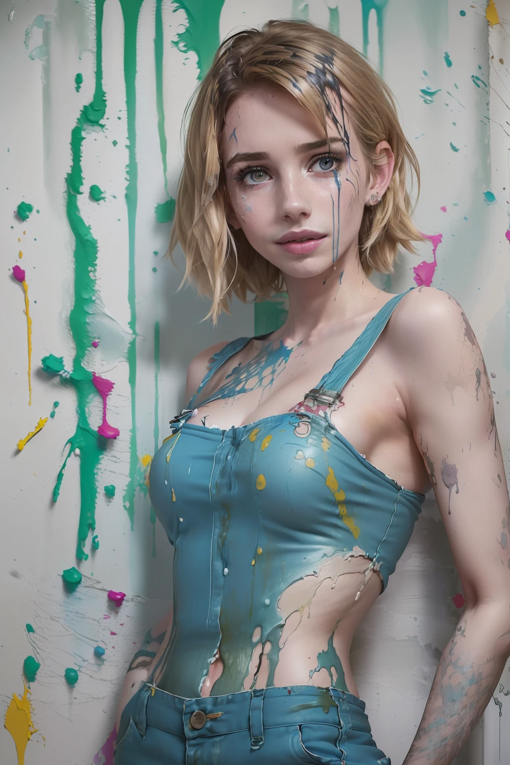 (((Emma Roberts))), ((Emma Roberts streicht ein Zimmer in dunkel-blau)), ((tall slender woman), ((she has round breasts)), ((she wears a nacked overall)), ((she is splattered with paint all over)), (kleiner Kopf), ((detailliertes Gesicht)), (fotorealistisch), (Raytracing), (scharfer Fokus), ((natural realistic skin texture))