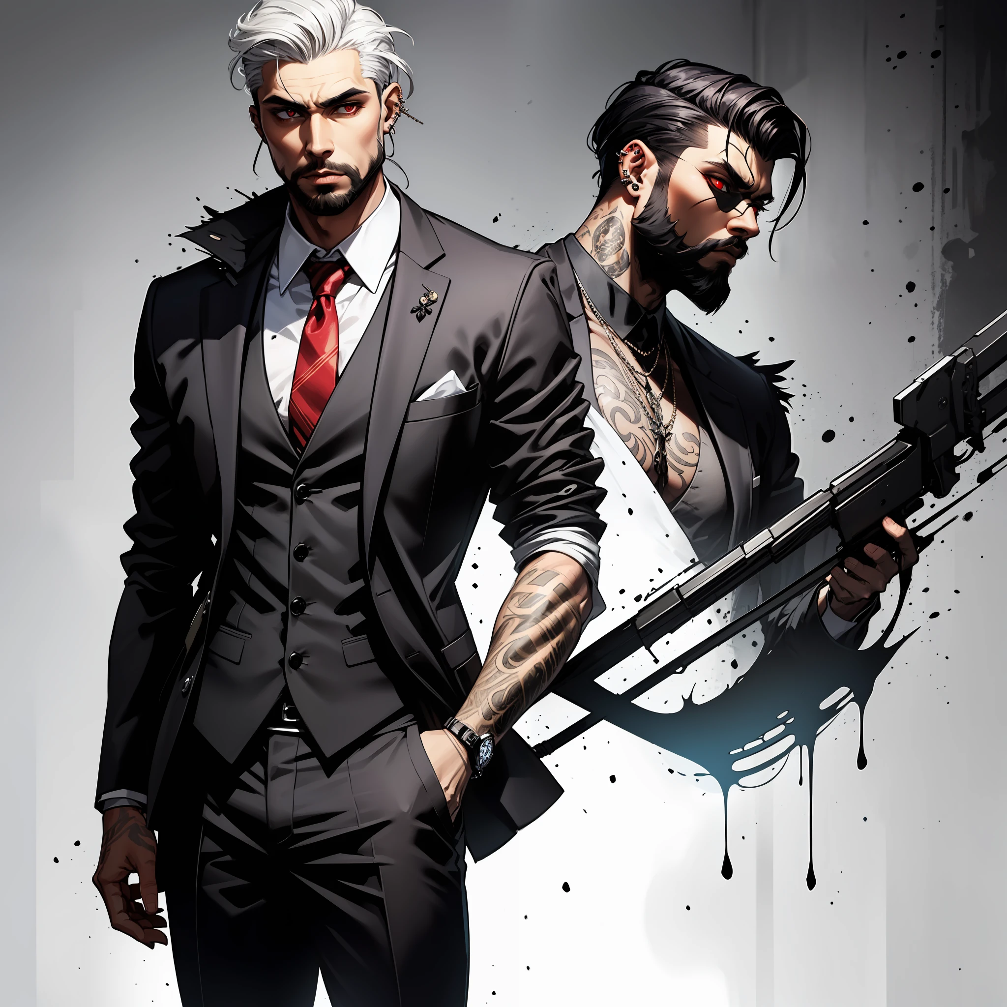 A tall and imposing grim reaper with short, slicked back white hair, a perfectly groomed beard, and piercing red eyes. He exudes confidence and carries himself with a sly and mysterious aura. Wearing a suit