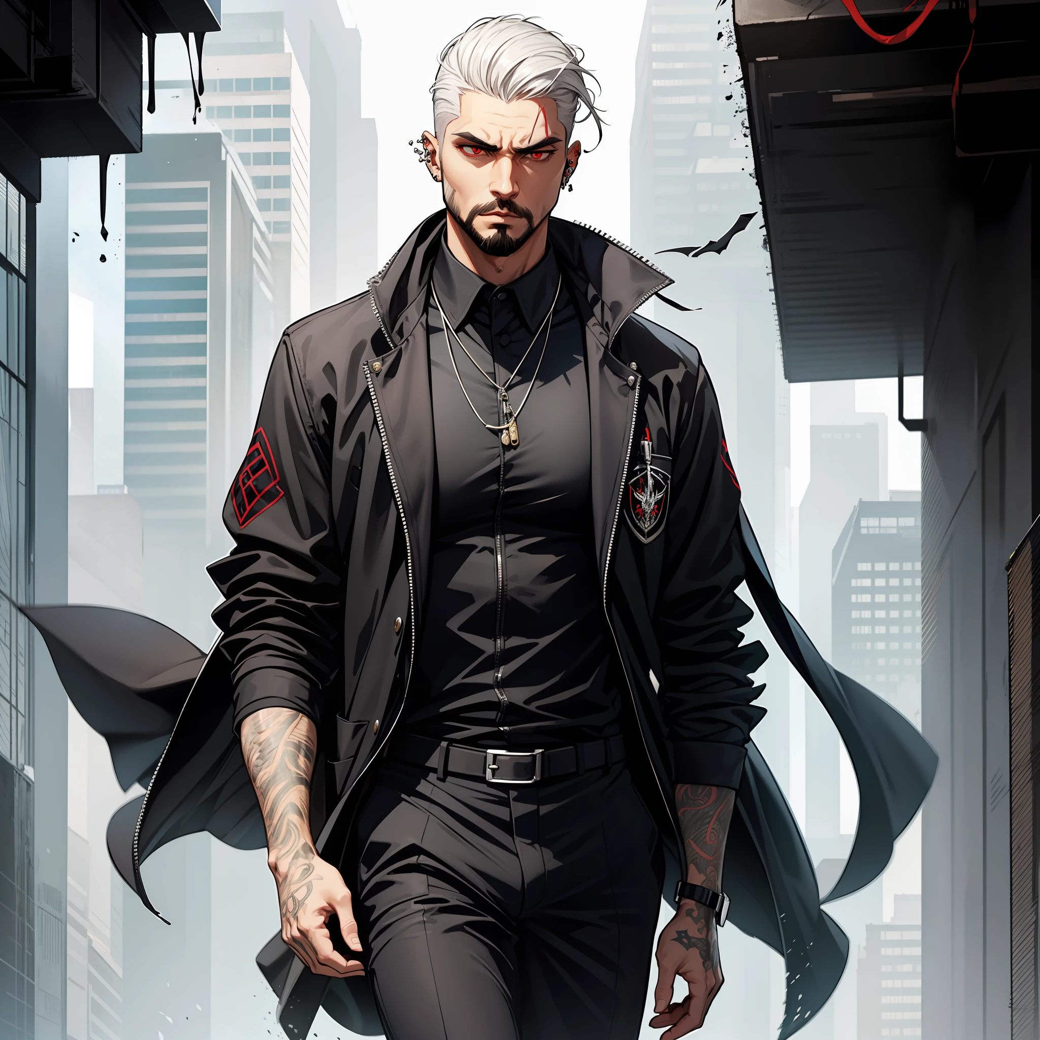 A tall and imposing grim reaper with short, slicked back white hair, a perfectly groomed beard, and piercing red eyes. He exudes confidence and carries himself with a sly and mysterious aura. Wearing a suit