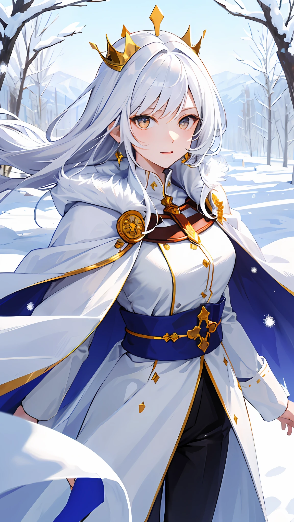 (tmasterpiece,best qualtiy:1.2),(looking at viewert),Nice face,White theme,cowboy lens,rays of sunshine,White hair,White eyes,White jewelry,nedium breasts,In the snow,Hairstyle Random,White Crown,White fur collar cape