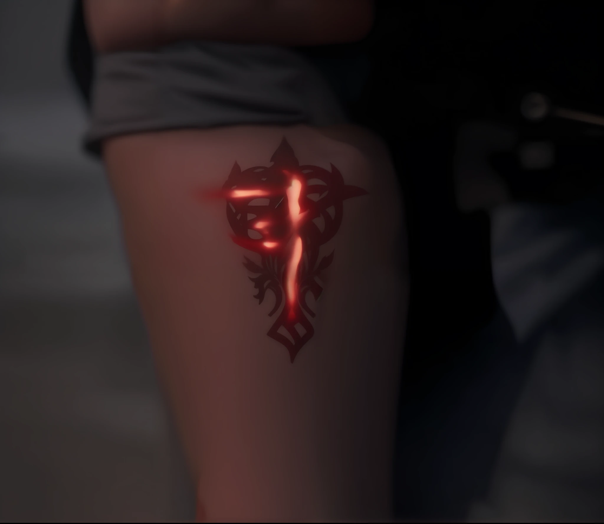 a closeup of a person with a red light on their forearm, com runas brilhantes no corpo, Cain Mark Symbol Tattoos from the Supernatural Series, com tatuagens de runa no rosto, neon light showing injuries, Marcas cerimoniais brilhantes, com runas prateadas, ancient symbol behind it, rachaduras de linha brilhante na armadura, runic tattoos
