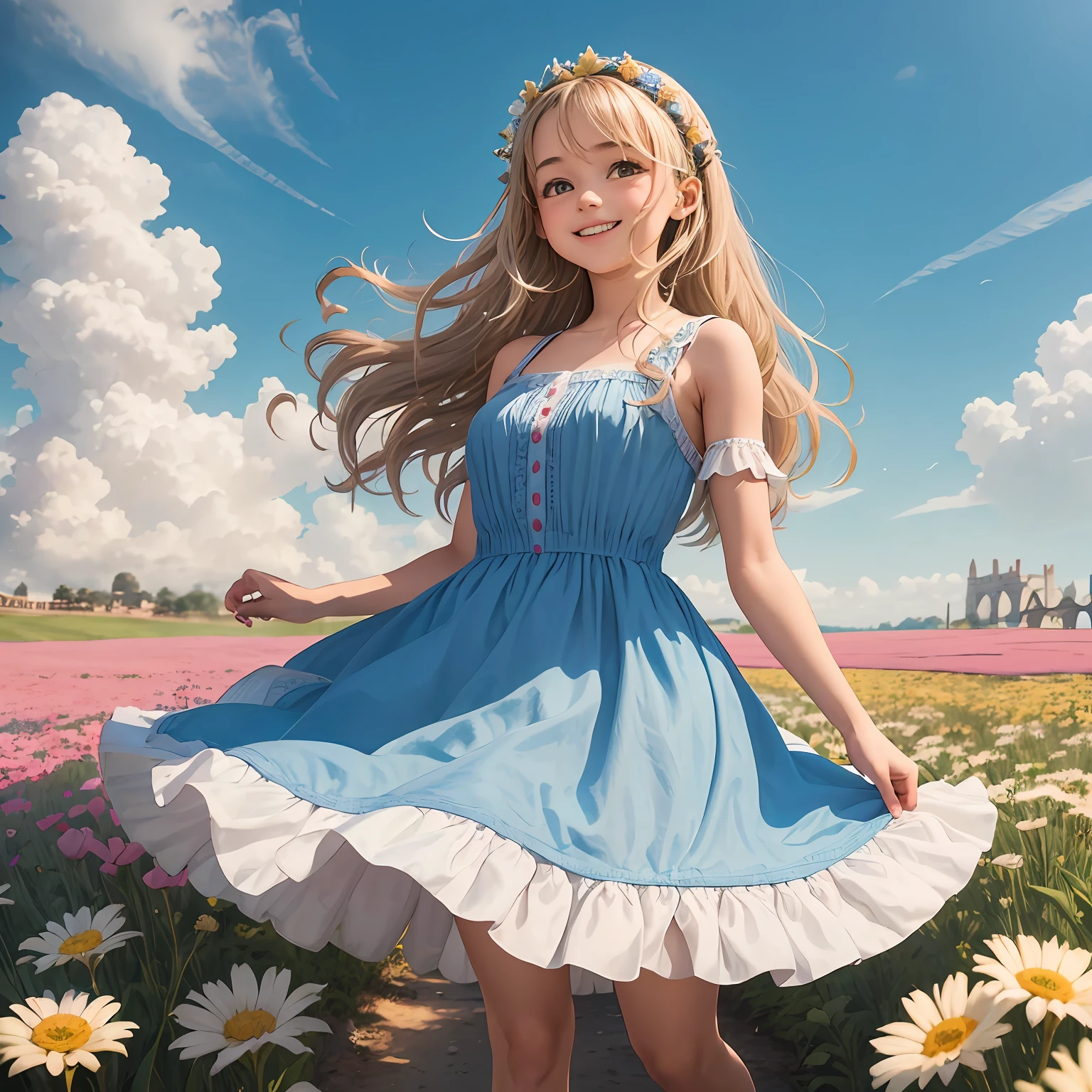 Children's story character named Juliet presented full body, Juliet is a , wears a faded blue dress that goes to the knees sleeveless, com presilhas de margarida nos cabelos, uma acima de cada orelha, usa sapatilha rasteira branca, Your hair is long, loiro e cacheado, de sorriso lindo e dentes brancos, is running over a stone bridge with a distant castle in the background of the image, fotorealismo e super detalhado, rosto perfeito --auto