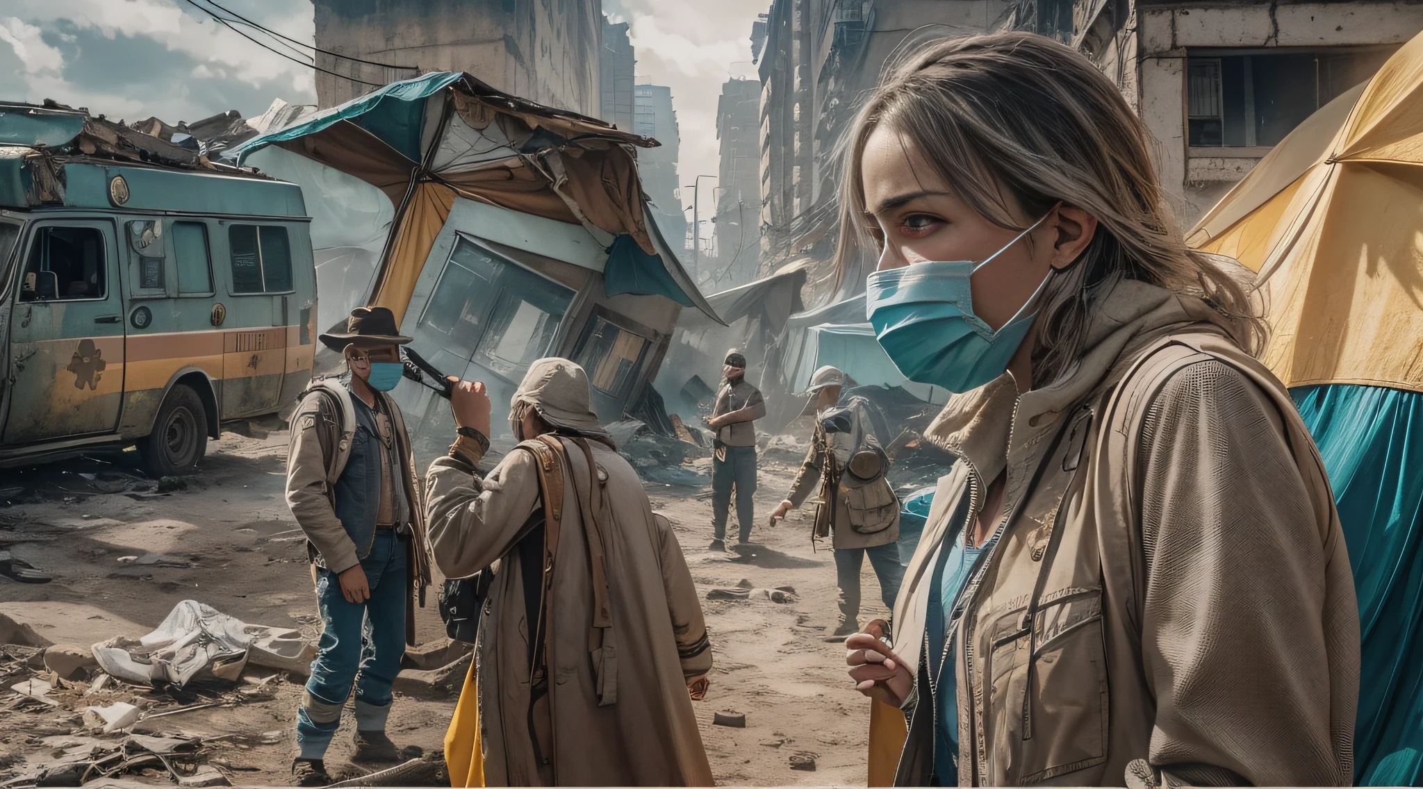 Create an epic scene in format16:9, using high-resolution images (8k), that portrays the abandoned city of São Paulo in the midst of a catastrophe. pessoas famintas em alto detalhe , ao fundo uma pequena fila de pessoas esperando para serem atendidas, outdoor a mobile hospital tent, em alto detalhe enfermeiros, in epic detail, adicionar pessoas desesperadase doentes,rostos em alto detalhe realista, while other perfect people cry in front of two ambulances, in front of the ambuance doctors with their faces covered with masks, Convey the emotion and mysterious atmosphere of a ghost town through this high-art cinematic representation of artificial intelligence.