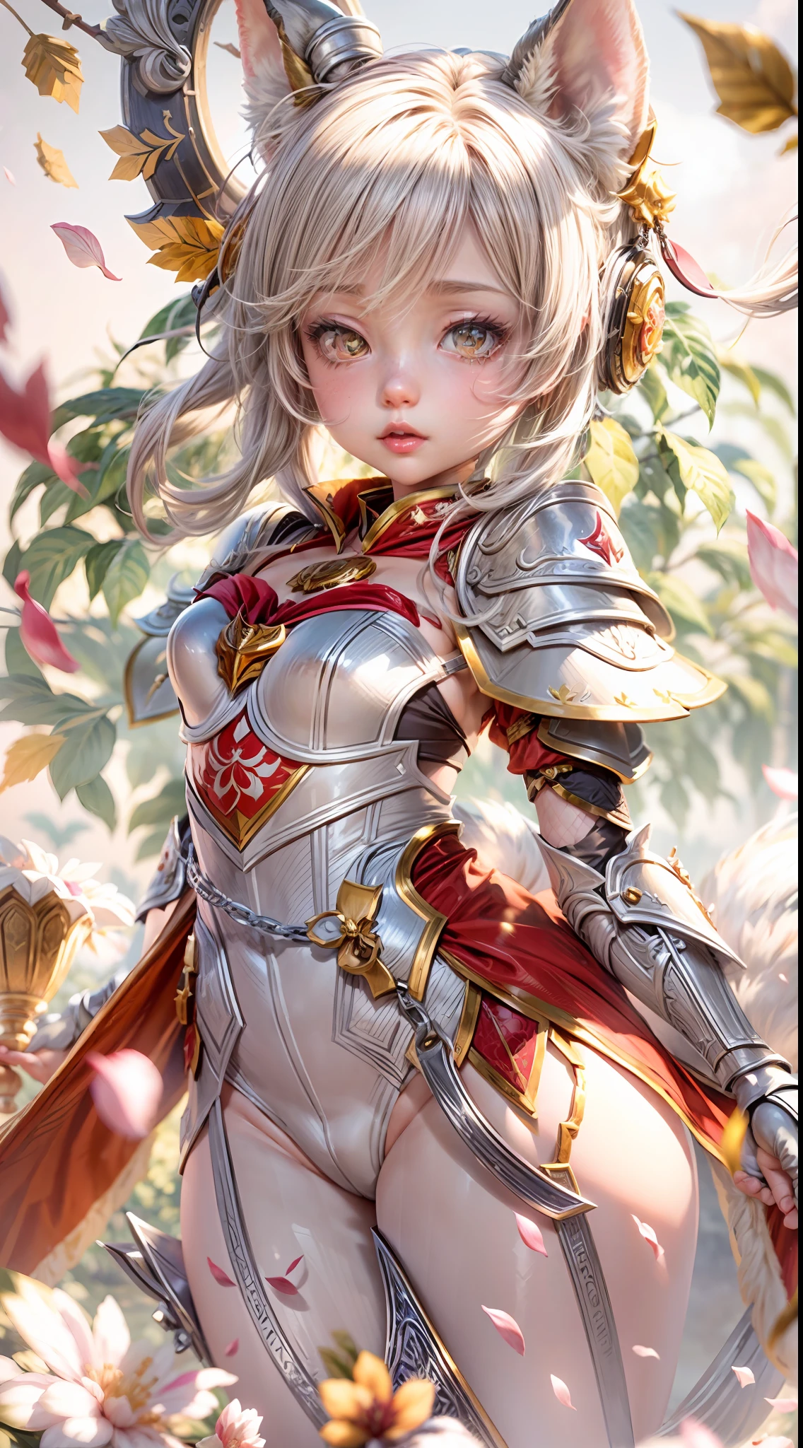 masterpiece, fantasy, best quality, anime style, wide-angle, full-body shot, front view, Tera Elin, an anime girl in a red dress and red boots, Sakura Kinomoto, Sakura petals around her, kitsune-inspired armor, crimson-themed, white, and red armor, spellcasting pose, fantasy outfit, yellow/golden short hair color, white tights, green glowing eyes, Sakura season, dynamic lighting, highly detailed anime, Anime Style, Manga Style, Hand drawn, cinematic, sensual, Sharp focus, humorous illustration, concept art, Vivid colors, Intricate, Vibrant colors, Soft Shading, Sharp Angles, Playful