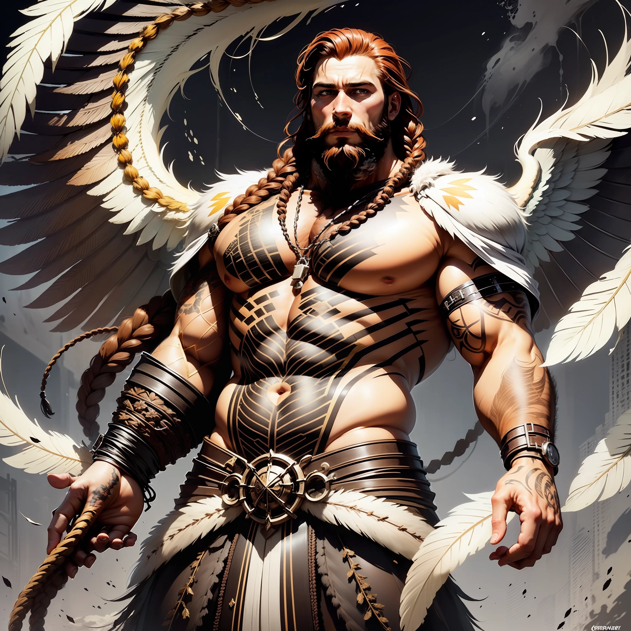 He is an Archangel. He has very long auburn hair that reaches the middle of his back, adorned with a few braids and decorated with feathers. He is extremely tall with a beard and dark brown eyes. He is known as a gentle giant. Wearing a suit