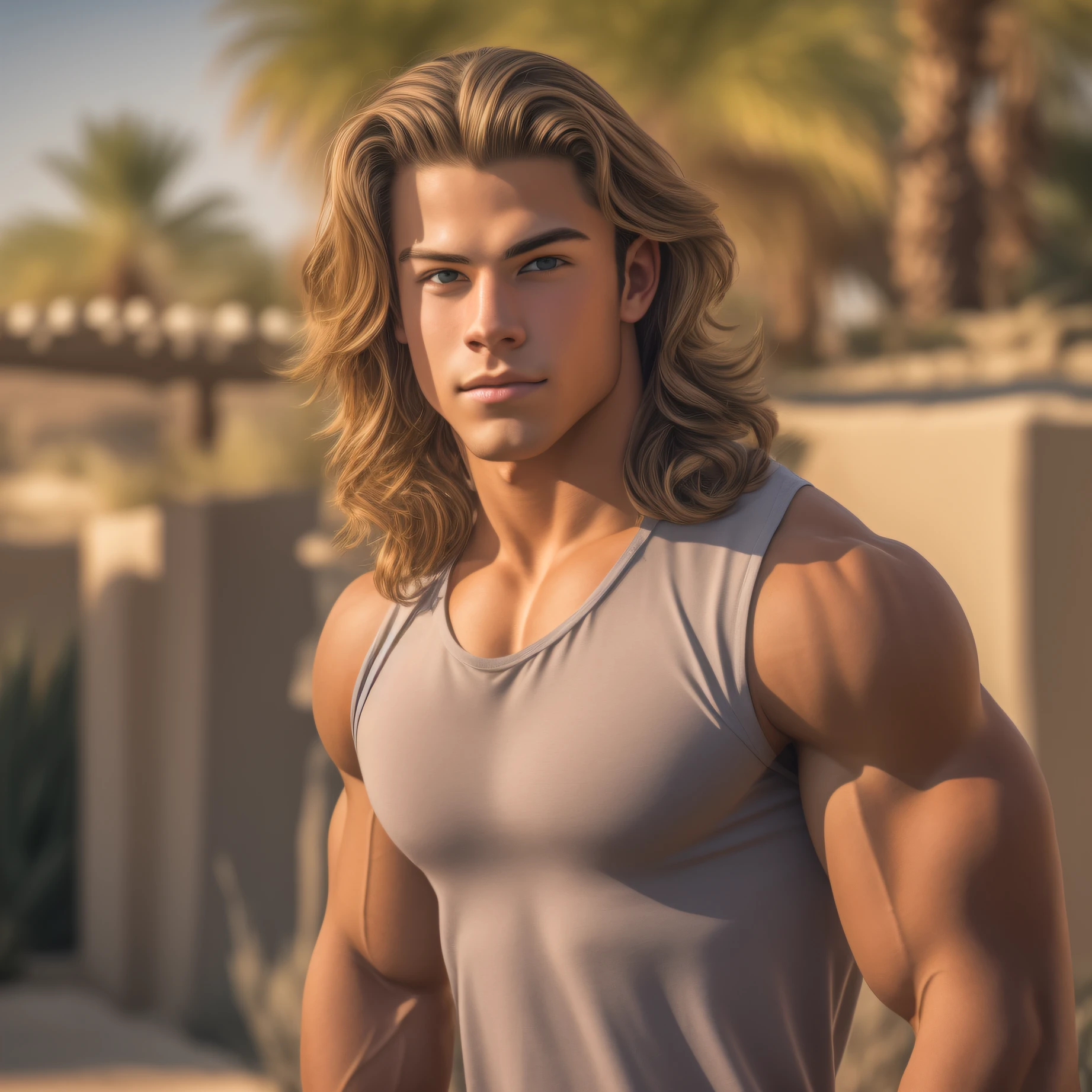 Solo 18-year-old boy bodybuilder, embodying the perfect fusion of Joey Lawrence and Cody Calafiore with long hair, exuding an aura of strength and confidence. Enhanced with HDR technology, this image depicts a true masterpiece, 4K resolution, Palm Springs vibes