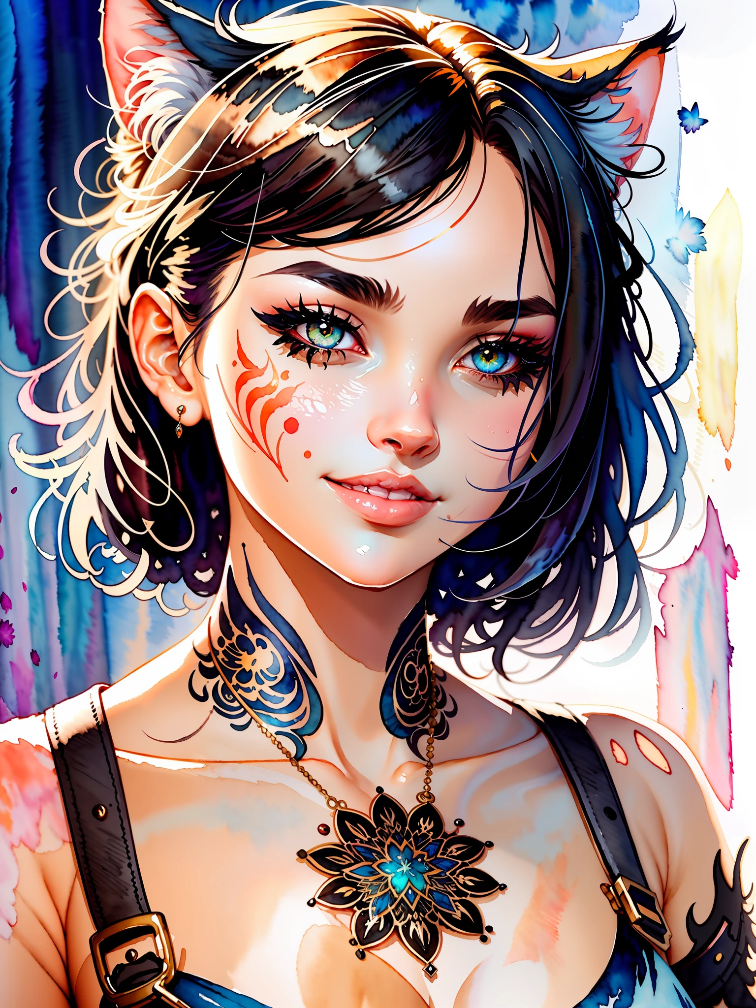 wtrcolor style, digital art of (Cat character), official art, front, smile, masterpiece, beautiful, ((watercolor)), face painting, ink splash, intricate details. Very detailed eyes, [drip:0.5], trend in Artstation, Rachel Walker