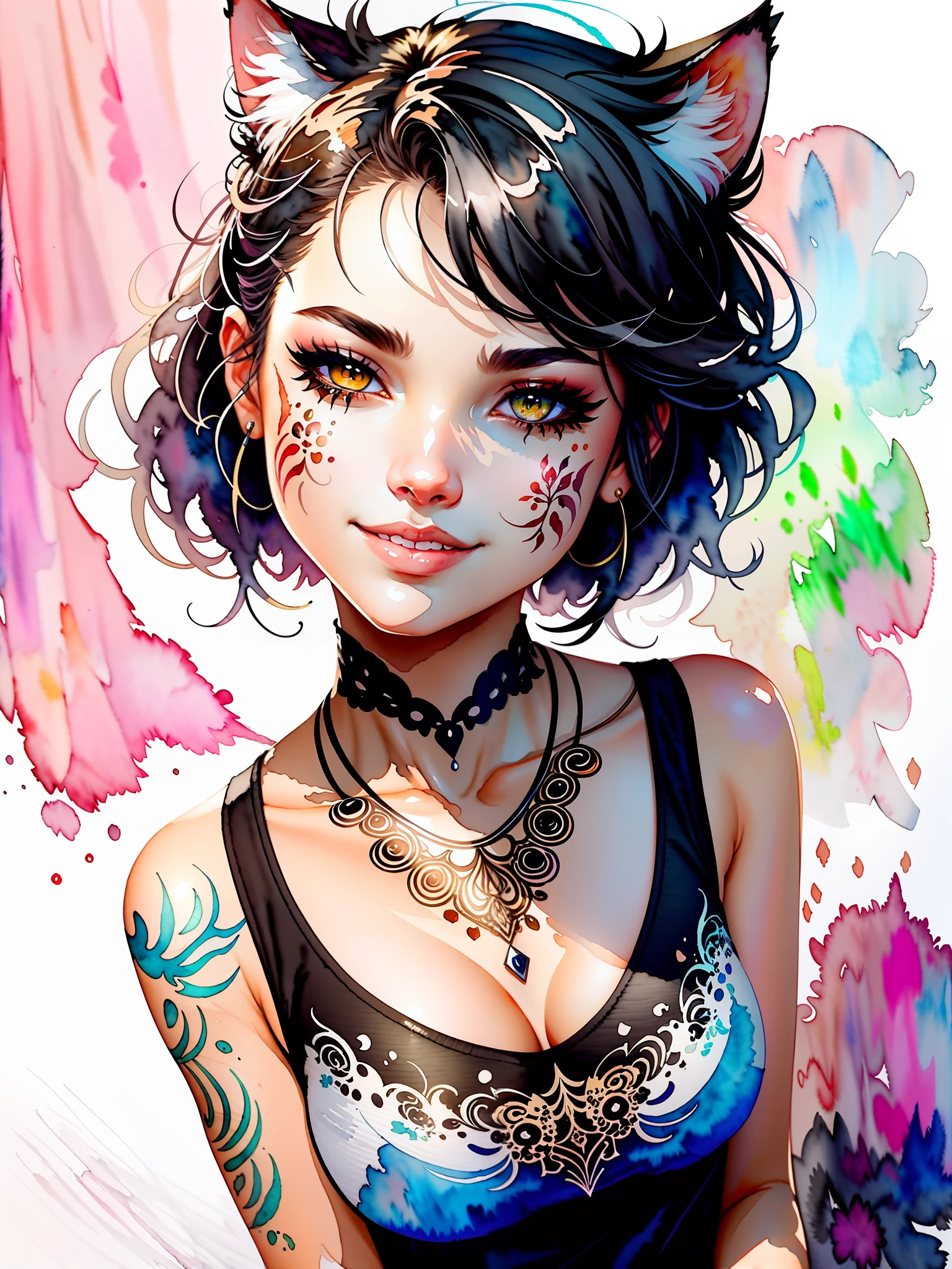 wtrcolor style, digital art of (Cat character), official art, front, smile, masterpiece, beautiful, ((watercolor)), face painting, ink splash, intricate details. Very detailed eyes, [drip:0.5], trend in Artstation, Rachel Walker