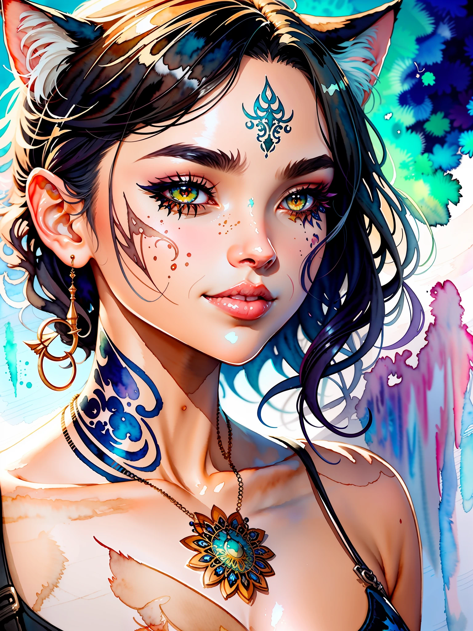 wtrcolor style, digital art of (Cat character), official art, front, smile, masterpiece, beautiful, ((watercolor)), face painting, ink splash, intricate details. Very detailed eyes, [drip:0.5], trend in Artstation, Rachel Walker