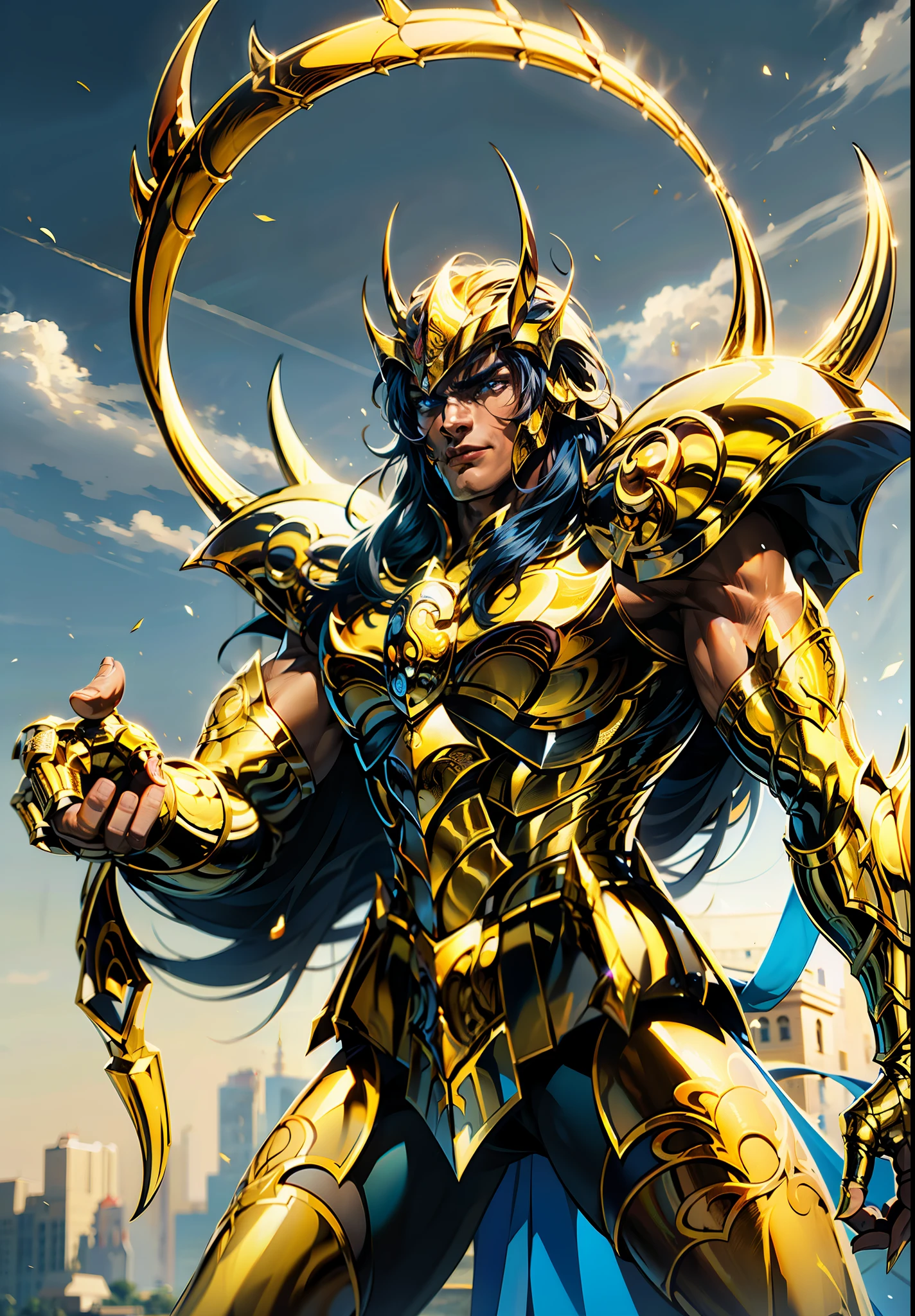 Knight character with golden armor de escorpião , knight of theKnight character with golden armor, knight of the zodiac Scorpion , in the background in imposing scorpion king auroboeal in the sky, 8k high definition, intricate details, breathtaking quality