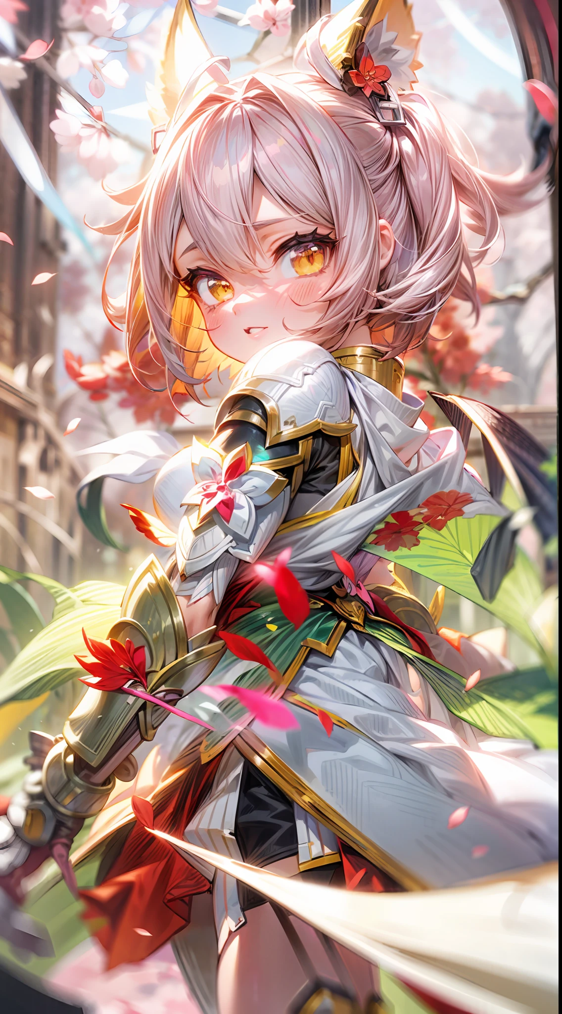 masterpiece, fantasy, best quality, anime style, wide-angle, full-body shot, front view, Tera Elin, an anime girl in a red dress and red boots, Sakura Kinomoto, Sakura petals around her, kitsune-inspired armor, crimson-themed, white, and red armor, spellcasting pose, fantasy outfit, yellow/golden short hair color, white tights, green glowing eyes, Sakura season, dynamic lighting, highly detailed anime, Anime Style, Manga Style, Hand drawn, cinematic, sensual, Sharp focus, humorous illustration, concept art, Vivid colors, Intricate, Vibrant colors, Soft Shading, Sharp Angles, Playful