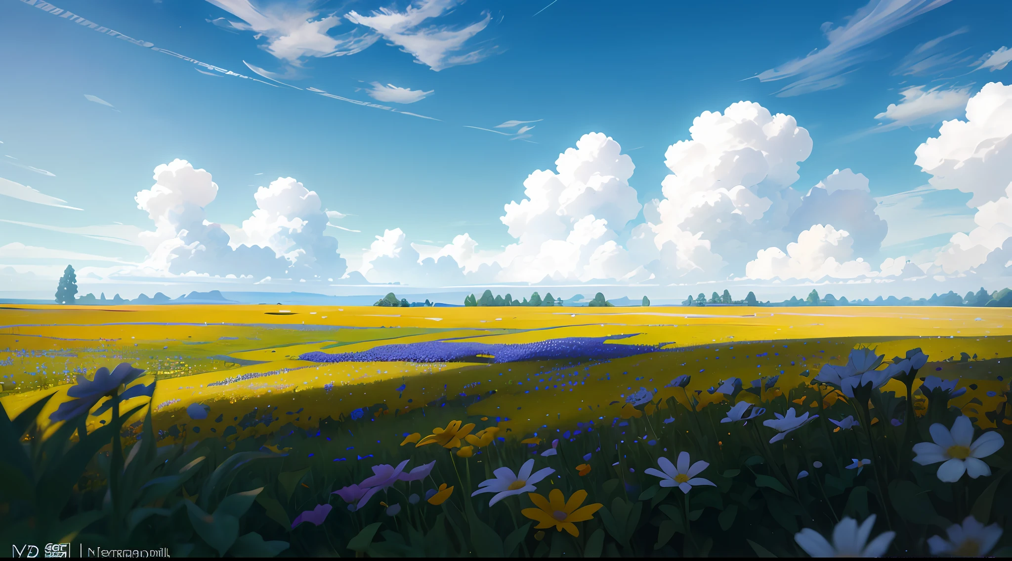 Summer, meadows, a few small flowers, paradise, large clouds, blue sky, hot weather, HD detail, hyper-detail, cinematic, surrealism, soft light, deep field focus bokeh, ray tracing, and surrealism. --v6