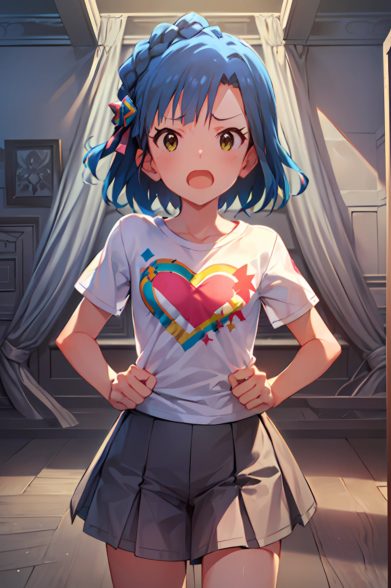 yuriko nanao (million live). Short stature. (((white t-shirts))).(((Skirt))).(((masterpiece))).(((best quality))).((Ultra-detailed))).(((illustratio))). (((fighting stance))).(((a room))).(((make a fist))).(((up chest))).Despair face.(((short-hair))).((Medium chest)).((Opening Mouth)).((Heart on chest)).