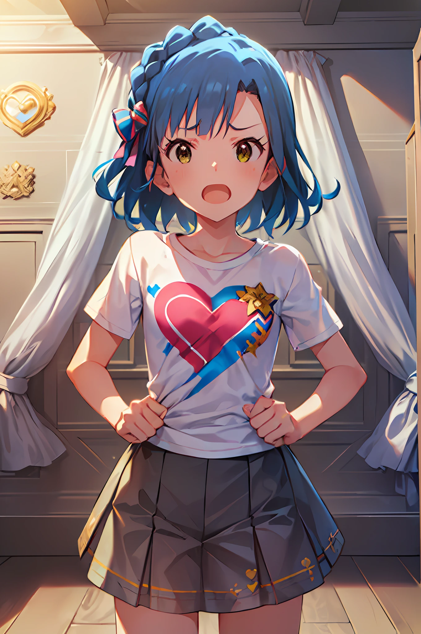 yuriko nanao (million live). Short stature. (((white t-shirts))).(((Skirt))).(((masterpiece))).(((best quality))).((Ultra-detailed))).(((illustratio))). (((fighting stance))).(((a room))).(((make a fist))).(((up chest))).Despair face.(((short-hair))).((Medium chest)).((Opening Mouth)).((Heart on chest)).