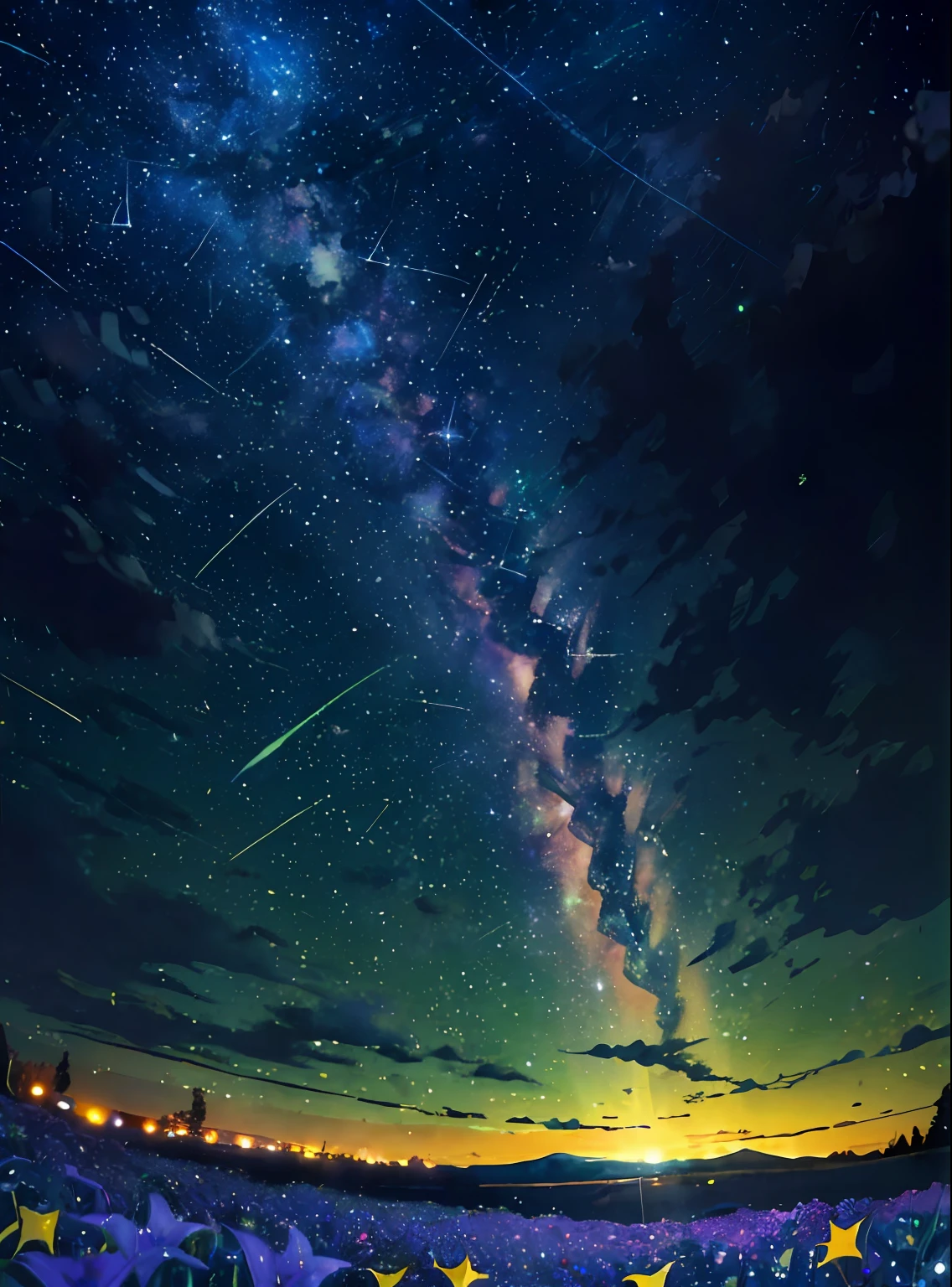 (zoomed out:1.1), (meteor shower:1.2), (comet:1.1), low angle, aroura borealis, shooting star, best quality, masterpiece, cloud, colorful, starry, stars, night, flower field, flower blossom, night sky, beautiful flowers, night theme,