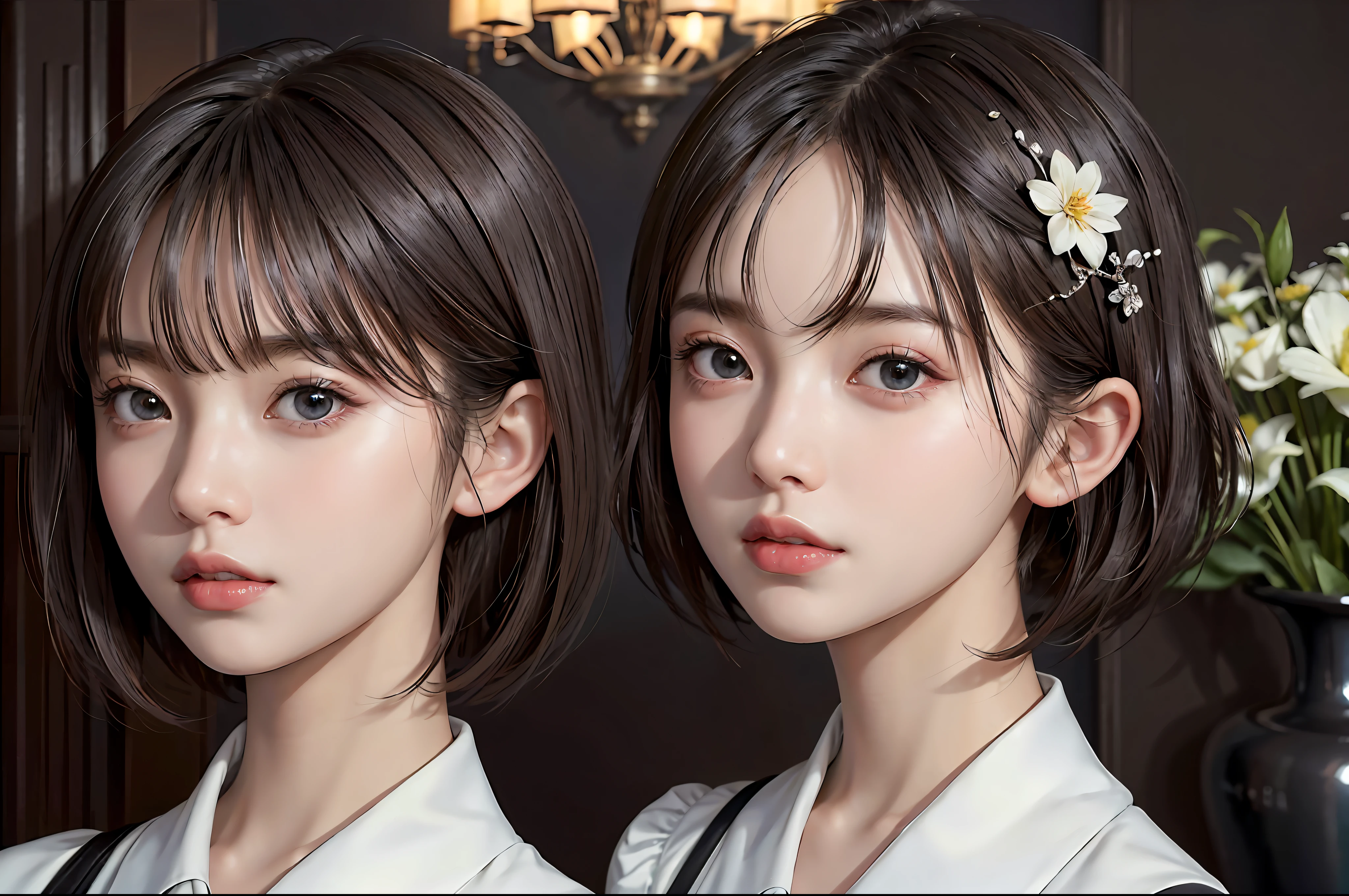 masterpiece, 1 beautiful girls, (((very_short_hair))), Eye details, Swollen eyes, Top image quality, 超A high resolution, (Realistis: 1.4), OriginalPhotographs, 1Girl, Cinematographic lighting, japanes, Asian Beauty, Korean, very beautif, Beautiful skins, thin, (A hyper-realistic), (hight resolution), (8 K), (ighly detailed), (The best illustrations), (beautifully detailed eyes), (ultra-detailliert), A detailed face, see the beholder, Facing straight ahead, Neat Clothing, shorth hair、A dark-haired、46-point diagonal bangs、Interior background of luxury hotel、flower arrangement、vases、Neat and clean