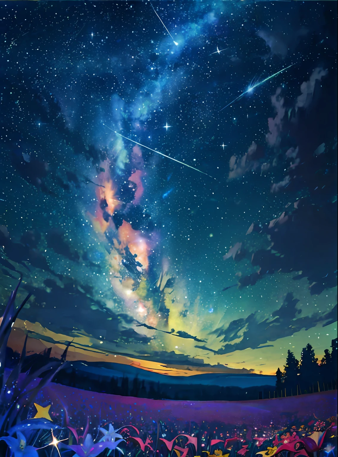 (zoomed out:1.1), (meteor shower:1.2), (comet:1.1), low angle, aroura borealis, shooting star, best quality, masterpiece, cloud, colorful, starry, stars, night, flower field, flower blossom, night sky, beautiful flowers, night theme,