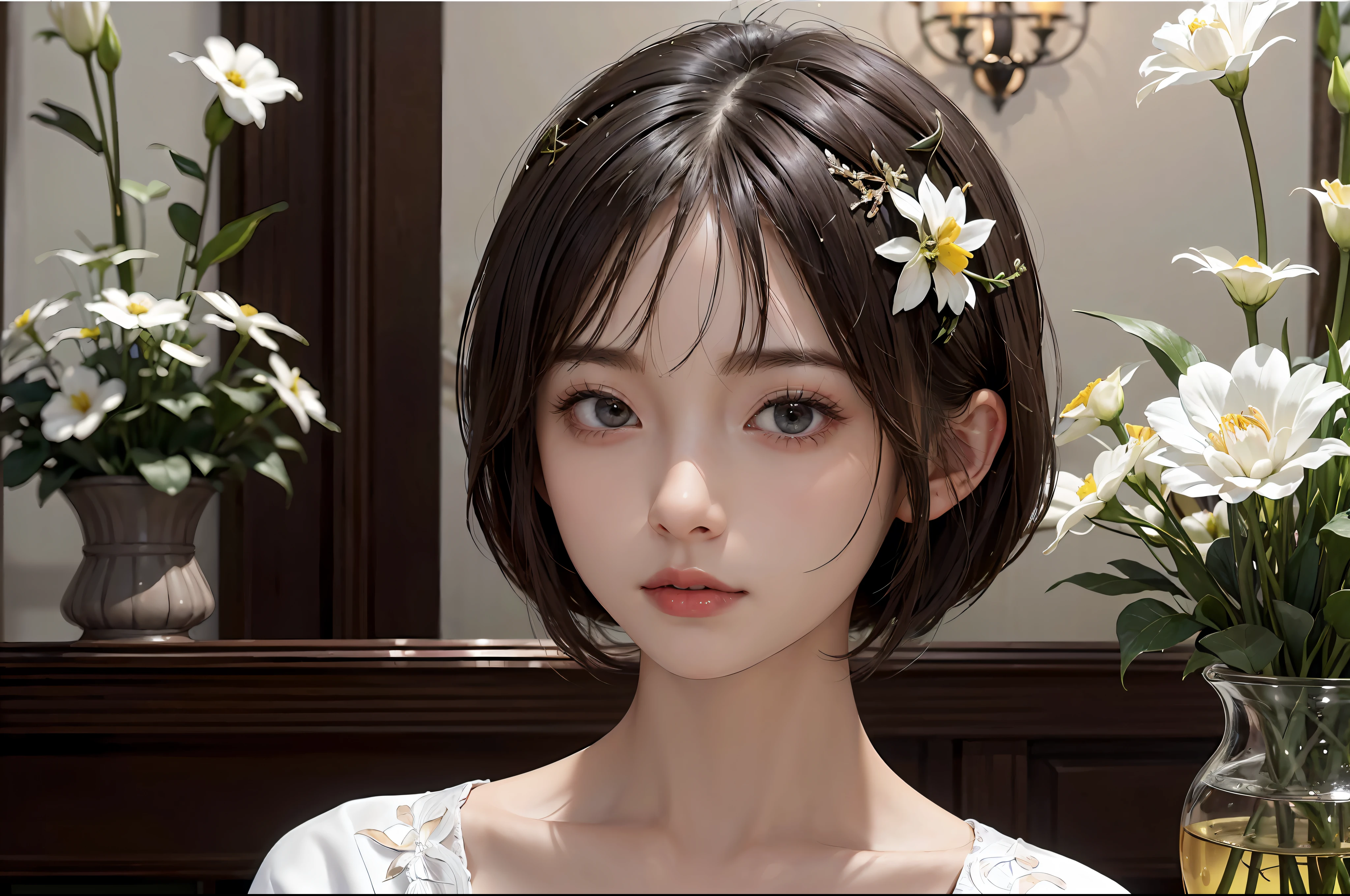 ​masterpiece, 1 beautiful girls, (((very_short_hair))), Eye details, Swollen eyes, Top image quality, 超A high resolution, (Realistis: 1.4), OriginalPhotographs, 1Girl, Cinematographic lighting, japanes, Asian Beauty, Korean, very beautif, Beautiful skins, thin,  (A hyper-realistic), (hight resolution), (8 K), (ighly detailed), (The best illustrations), (beautifully detailed eyes), (ultra-detailliert), A detailed face, see the beholder, Facing straight ahead, Neat Clothing, shorth hair、A dark-haired、46-point diagonal bangs、Interior background of luxury hotel、flower arrangement、vases、Neat and clean