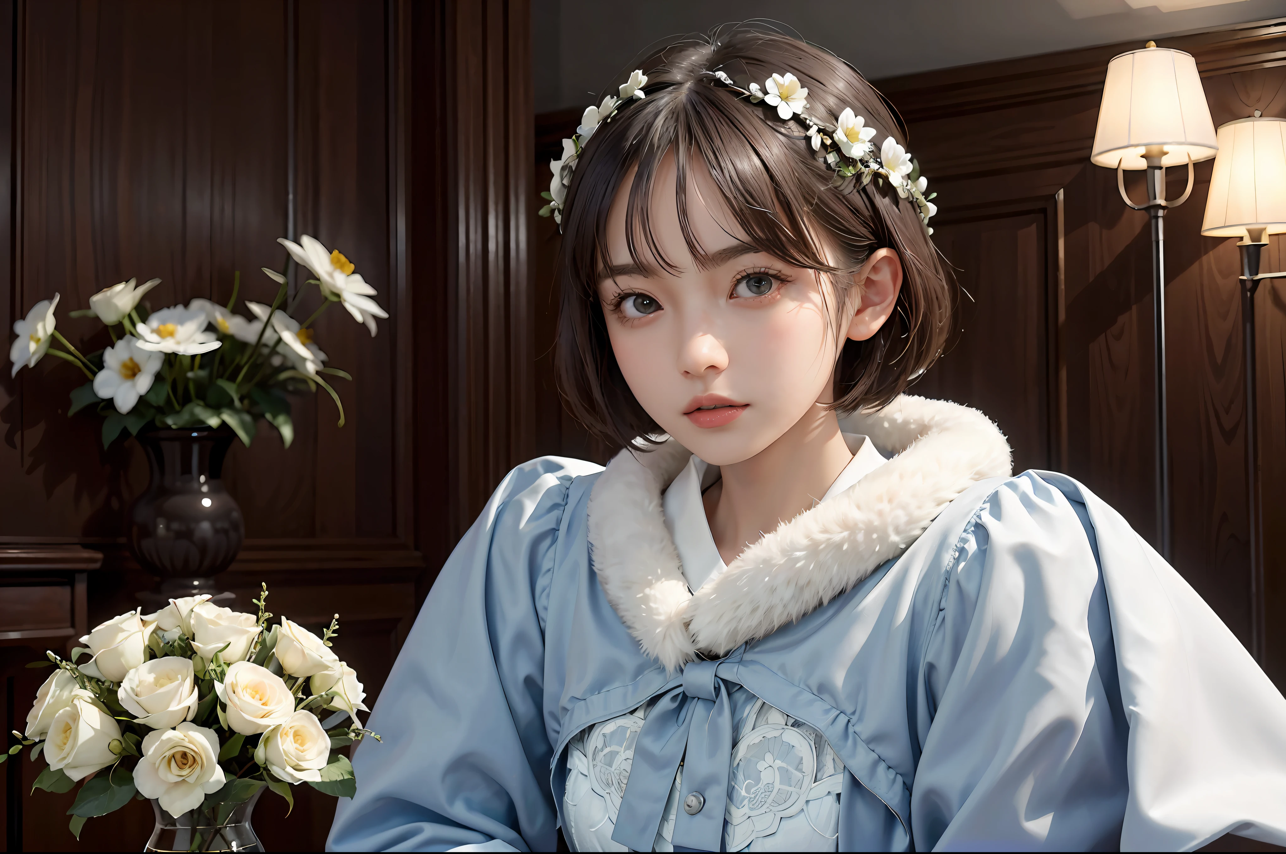 ​masterpiece, 1 beautiful girls, (((very_short_hair))), Eye details, Swollen eyes, Top image quality, 超A high resolution, (Realistis: 1.4), OriginalPhotographs, 1Girl, Cinematographic lighting, japanes, Asian Beauty, Korean, very beautif, Beautiful skins, thin,  (A hyper-realistic), (hight resolution), (8 K), (ighly detailed), (The best illustrations), (beautifully detailed eyes), (ultra-detailliert), A detailed face, see the beholder, Facing straight ahead, Neat Clothing, shorth hair、A dark-haired、46-point diagonal bangs、Interior background of luxury hotel、flower arrangement、vases、Neat and clean