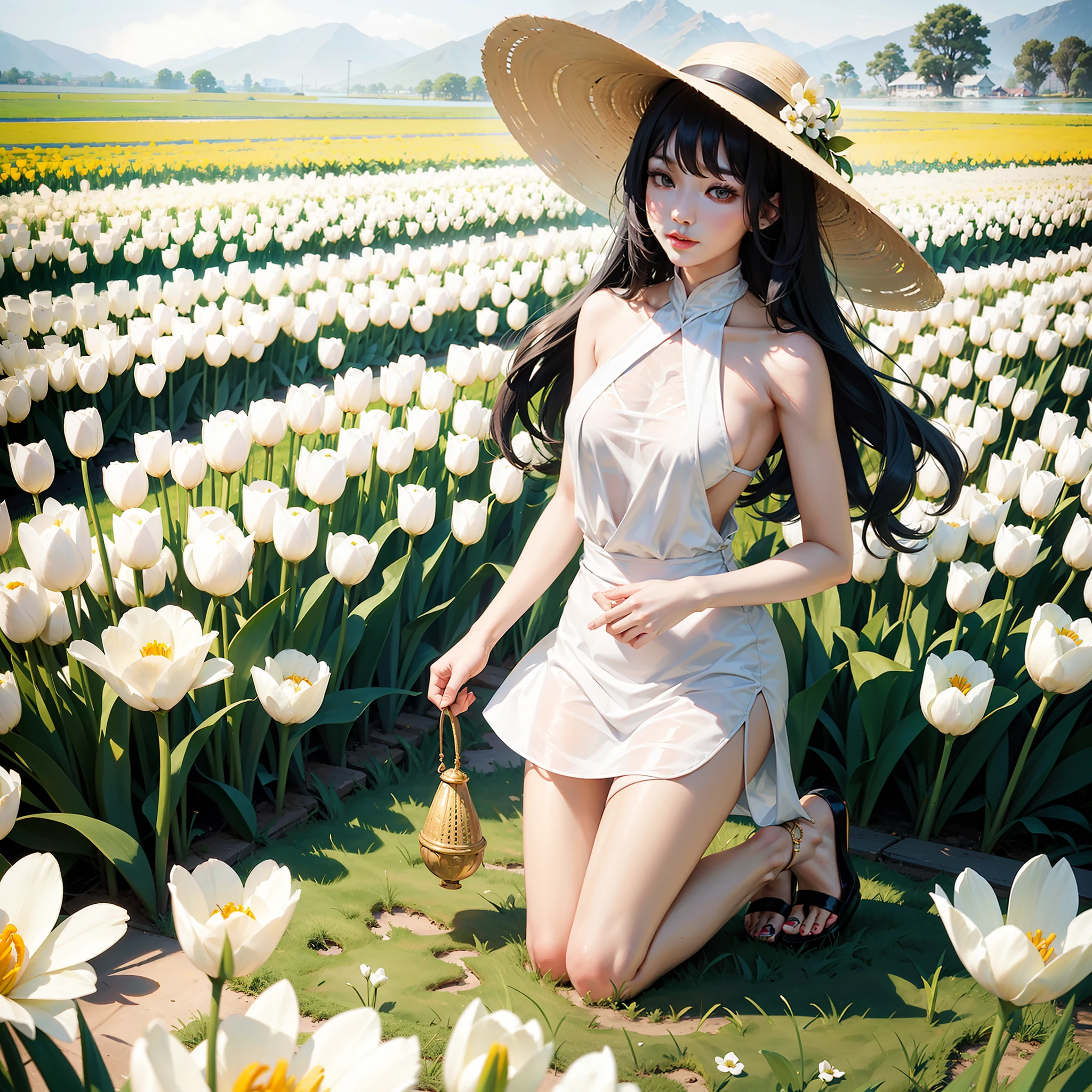 cute very pale chinese 28 year old woman standing in sea of tulips wearing a white halter dress, wearing heeled sandals, subtle smile, tall and slim, long wavy hair, wearing sunglasses, wearing a wide beige sun hat, kneeling, standing in flower field, holding tulips and smelling them, dreamy expression, flower sea
